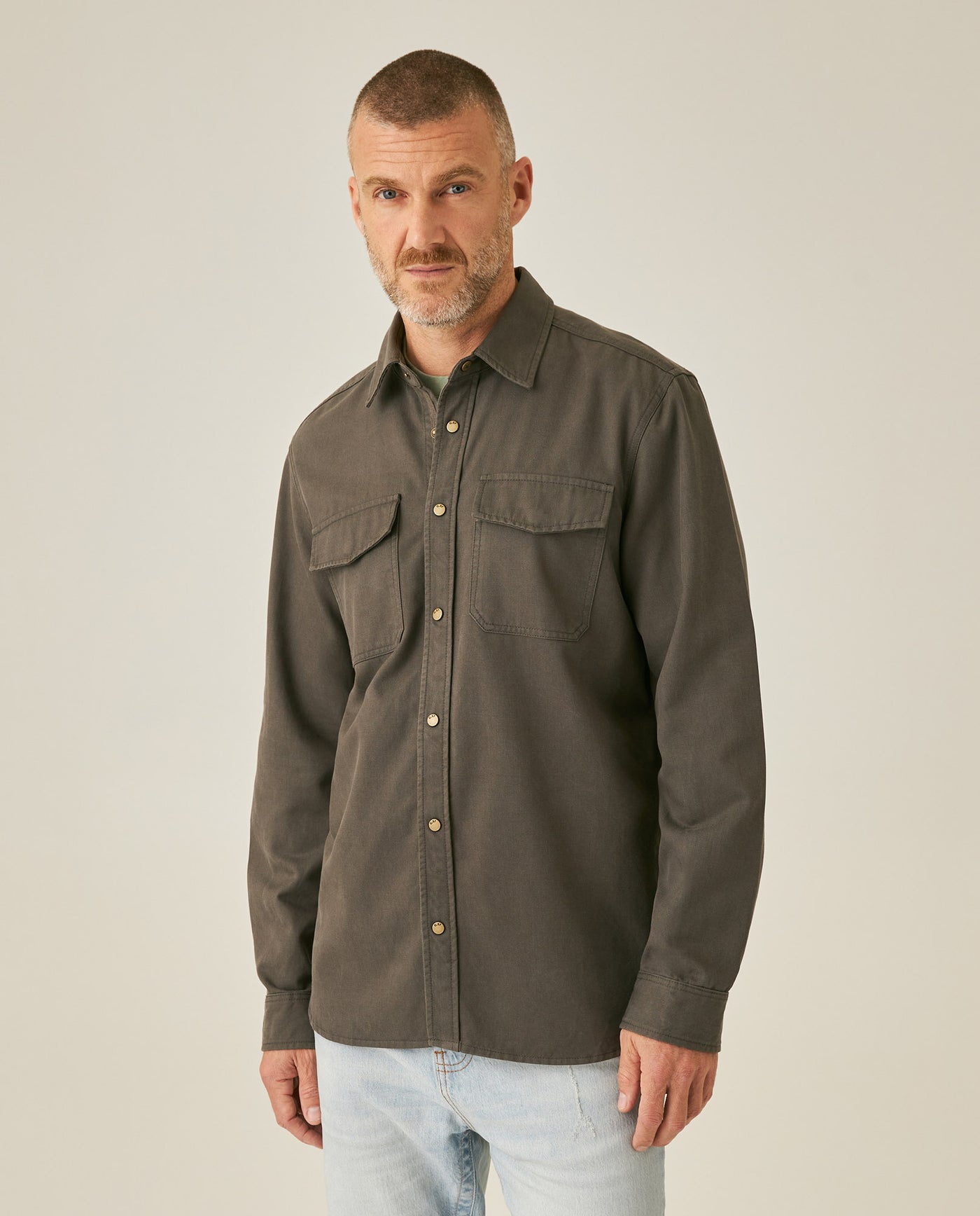 Mens Shirt Long Sleeve Regular Fit Lyocell Cotton Marked Diagonal Decorative Placket Yoke Patch Pocket - Gray 63_611H006_GRI190000_0
