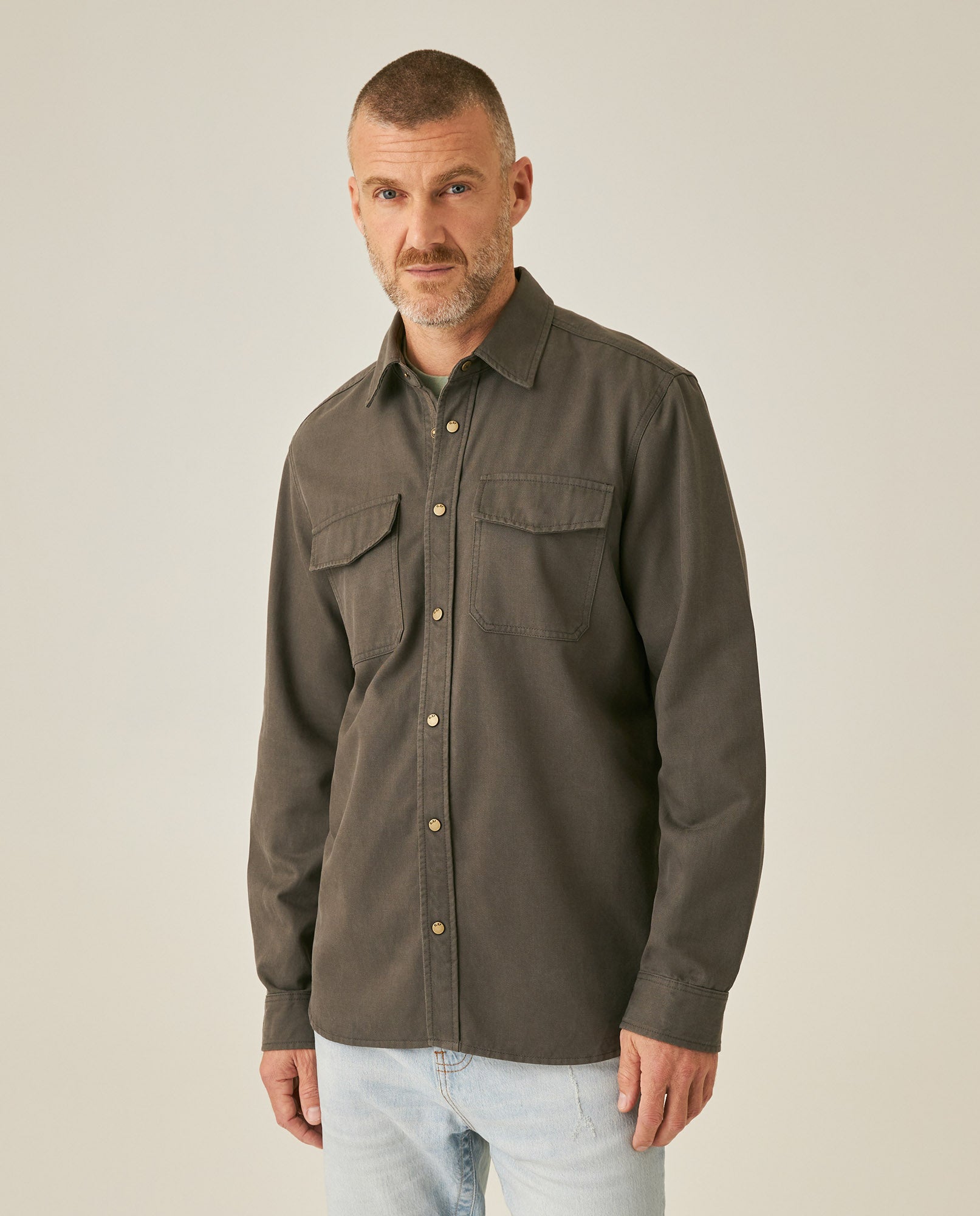 Mens Shirt Long Sleeve Regular Fit Lyocell Cotton Marked Diagonal Decorative Placket Yoke Patch Pocket - Gray 63_611H006_GRI190000_0