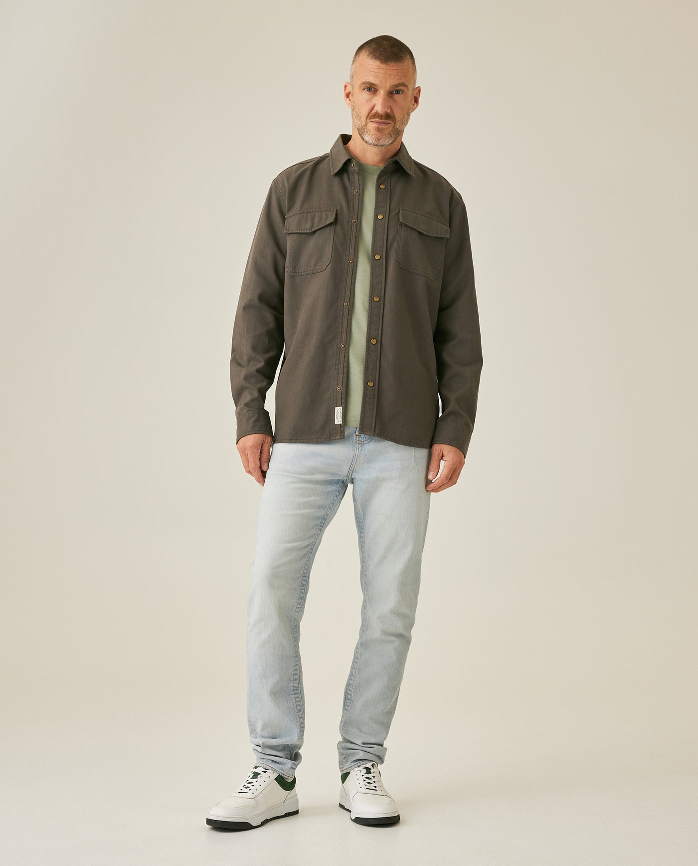 Mens Shirt Long Sleeve Regular Fit Lyocell Cotton Marked Diagonal Decorative Placket Yoke Patch Pocket - Gray 63_611H006_GRI190000_4