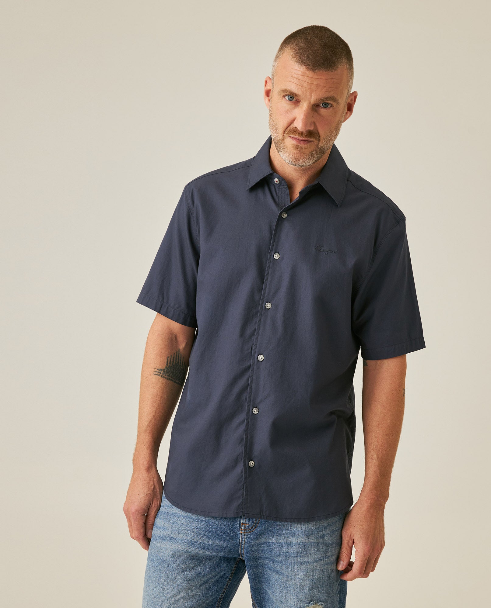 Mens Shirt Short Sleeve Regular Fit Cotton Subtle Diagonal Multi Needle Placket Chest Embroidery - Blue 63_611H007_AZU193923_0