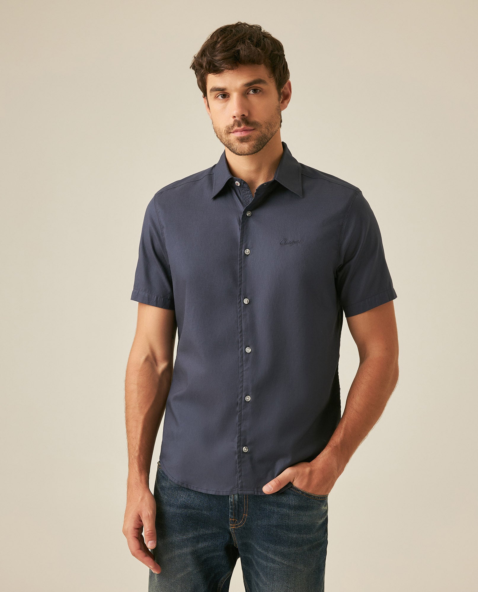 Mens Shirt Short Sleeve Regular Fit Cotton Subtle Diagonal Multi Needle Placket Chest Embroidery - Blue 63_611H007_AZU193923_2