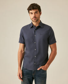 Mens Shirt Short Sleeve Regular Fit Cotton Subtle Diagonal Multi Needle Placket Chest Embroidery - Blue 63_611H007_AZU193923_2