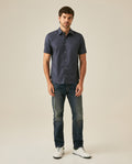 Mens Shirt Short Sleeve Regular Fit Cotton Subtle Diagonal Multi Needle Placket Chest Embroidery - Blue 63_611H007_AZU193923_4