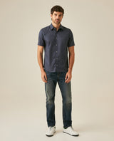 Mens Shirt Short Sleeve Regular Fit Cotton Subtle Diagonal Multi Needle Placket Chest Embroidery - Blue 63_611H007_AZU193923_4