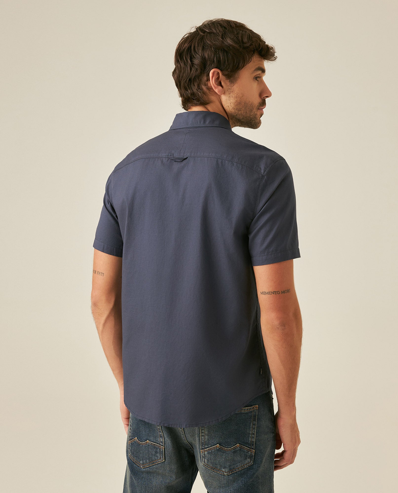 Mens Shirt Short Sleeve Regular Fit Cotton Subtle Diagonal Multi Needle Placket Chest Embroidery - Blue 63_611H007_AZU193923_6
