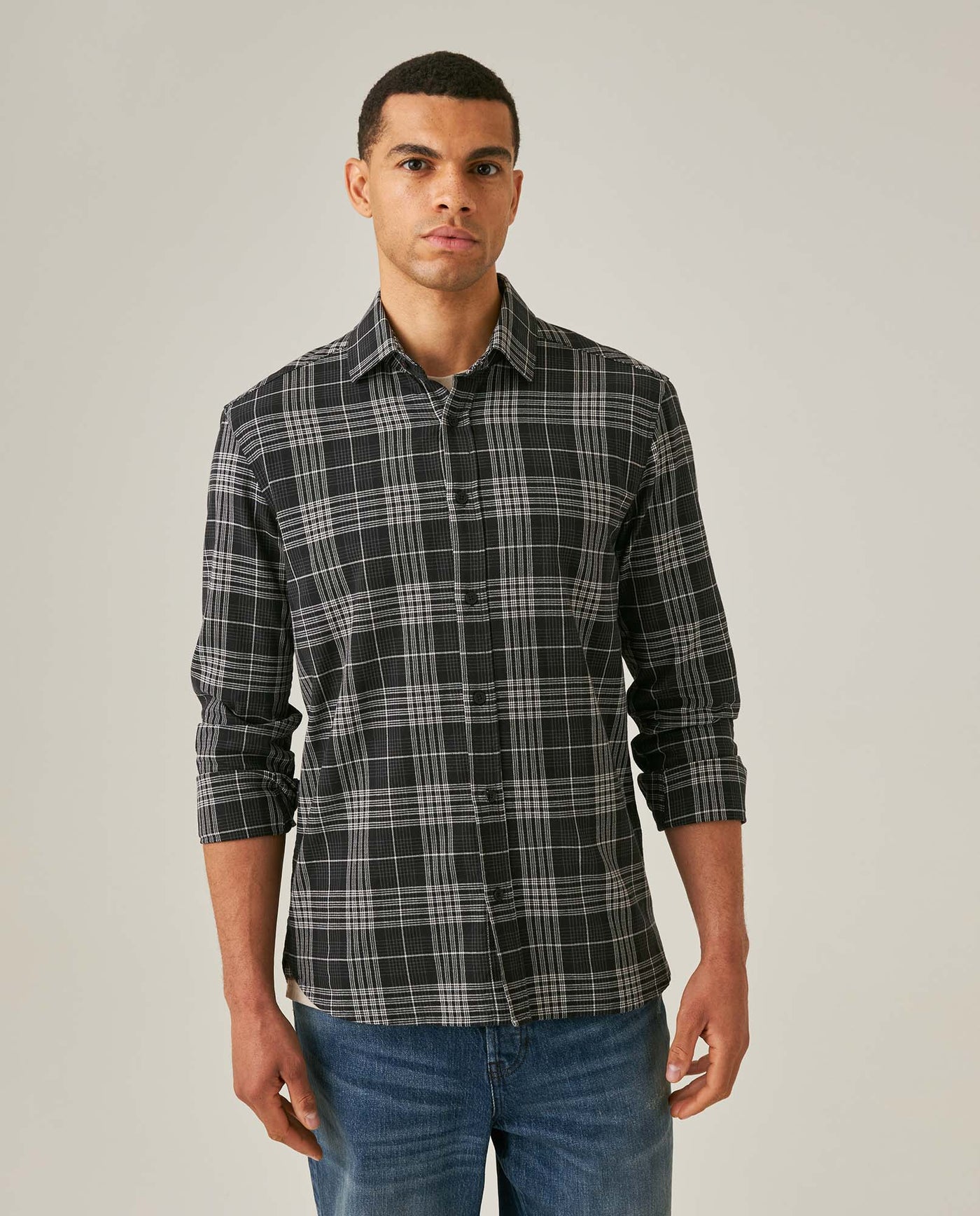 Mens Shirt Long Sleeve Regular Fit Check Pattern Cotton Varsity Smart Spread Collar Red Details - Black 63_611H009_NEG194004_0