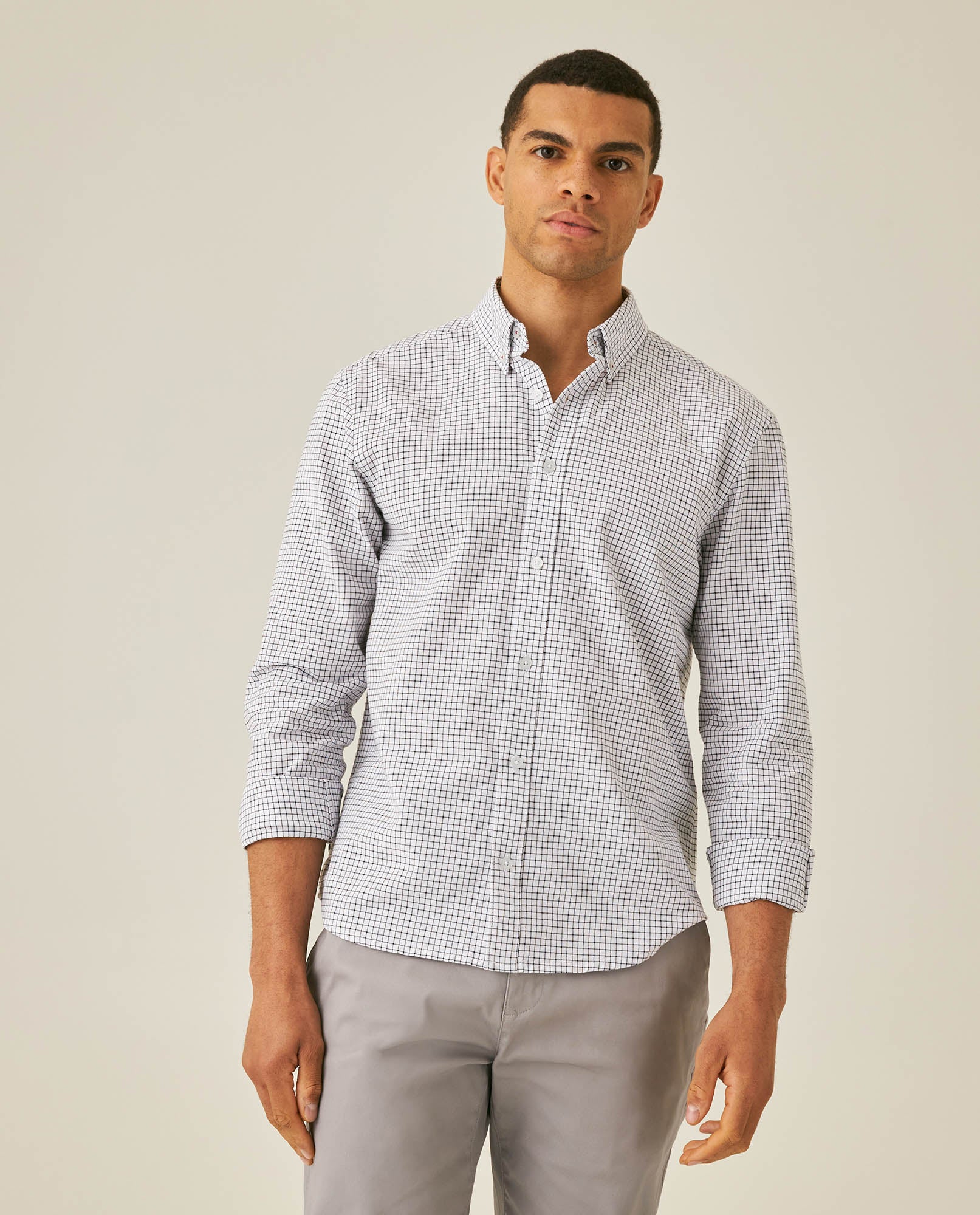 Mens Shirt Long Sleeve Slim Fit Check Pattern Cotton Button Down Collar Small Check Vibrant Red - Black 63_611H010_NEG194004_0