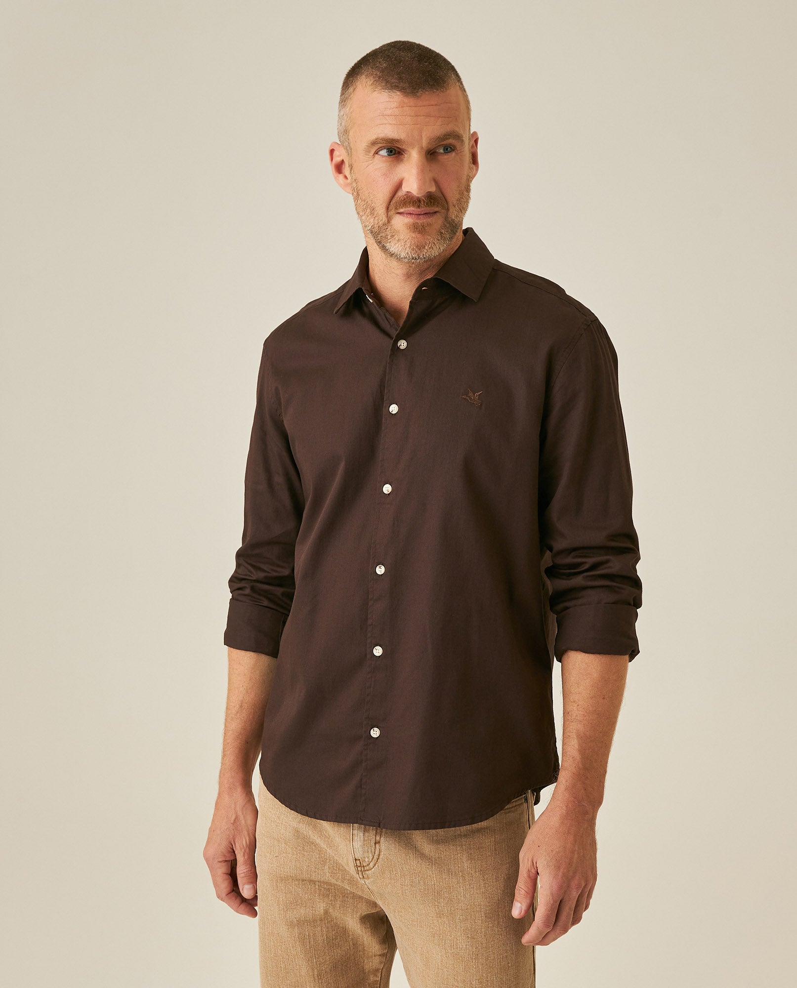Mens Shirt Long Sleeve Slim Fit Spread Collar Cotton Subtle Satin Finish Tone on Tone Duck Side Pieces - Brown 63_611H011_CAF191016_0
