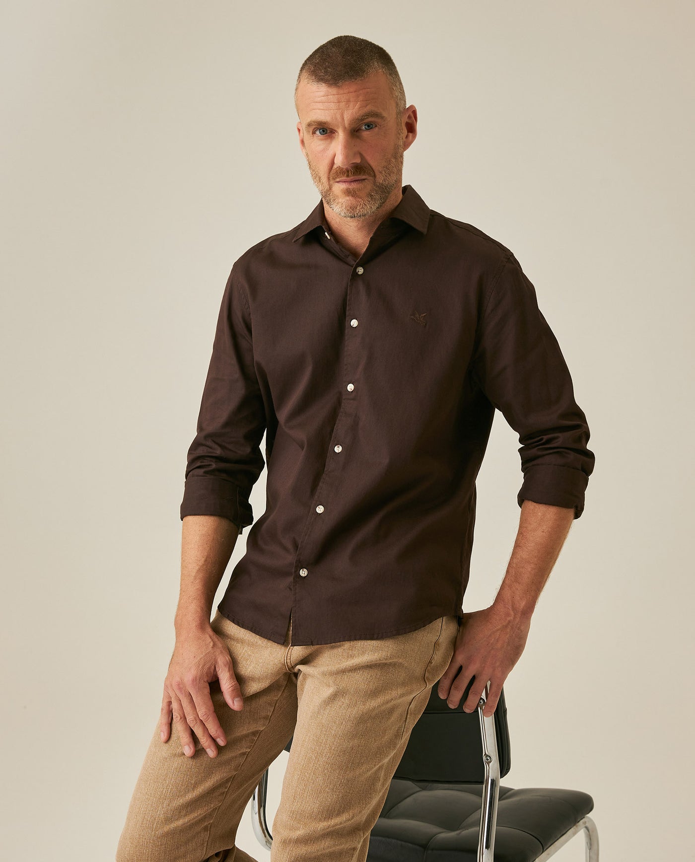 Mens Shirt Long Sleeve Slim Fit Spread Collar Cotton Subtle Satin Finish Tone on Tone Duck Side Pieces - Brown 63_611H011_CAF191016_4