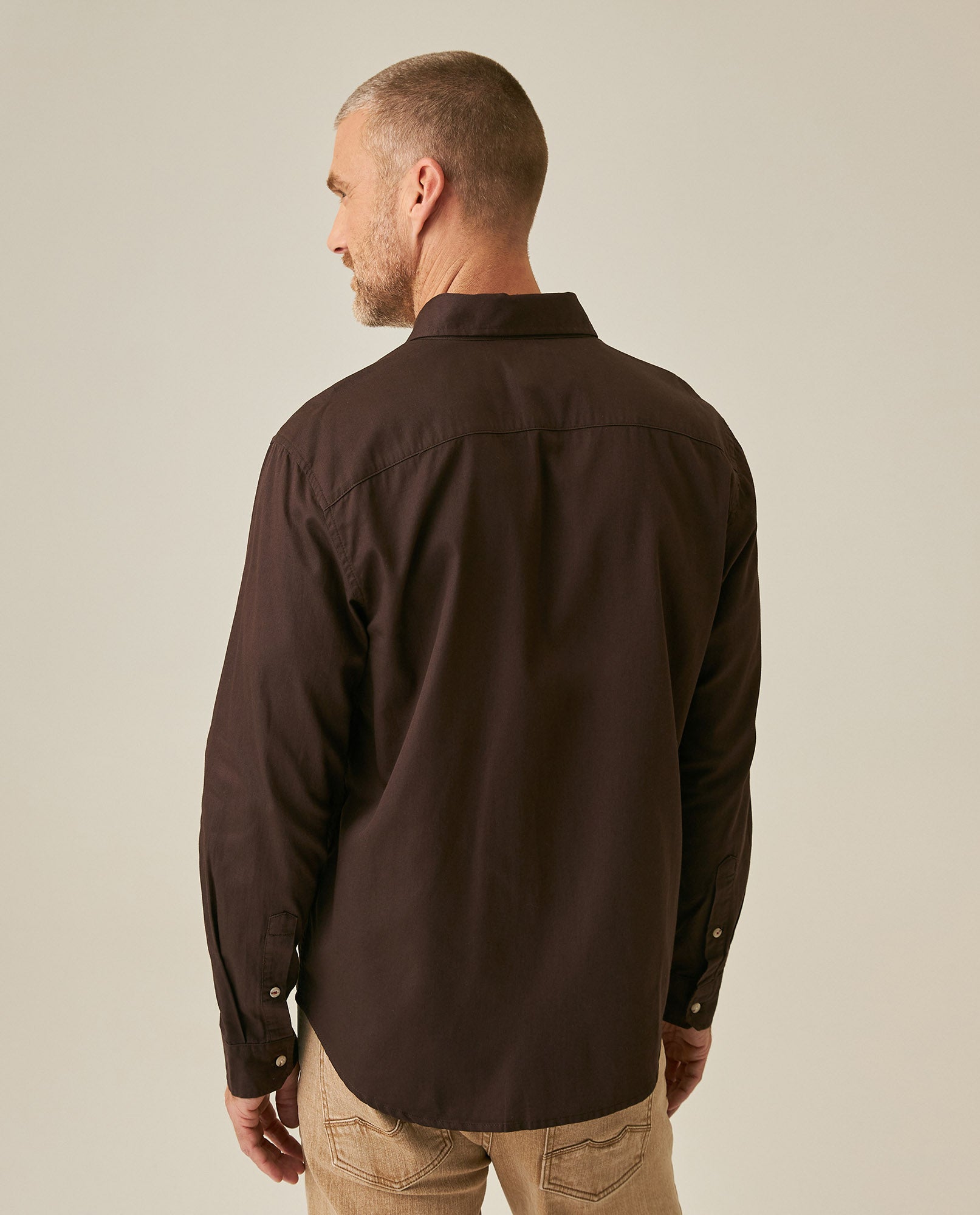 Mens Shirt Long Sleeve Slim Fit Spread Collar Cotton Subtle Satin Finish Tone on Tone Duck Side Pieces - Brown 63_611H011_CAF191016_6