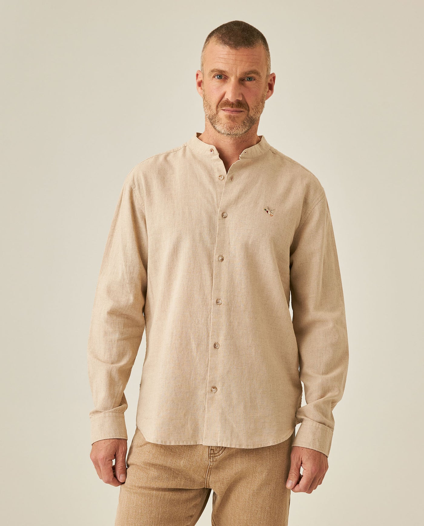 Mens Shirt Long Sleeve Mandarin Collar Regular Fit Linen Cotton Seed Effect Vibrant Duck - Beige 63_611H014_BEI140002_0
