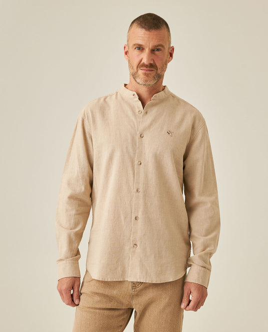 Mens Shirt Long Sleeve Mandarin Collar Regular Fit Linen Cotton Seed Effect Vibrant Duck - Beige 63_611H014_BEI140002_0