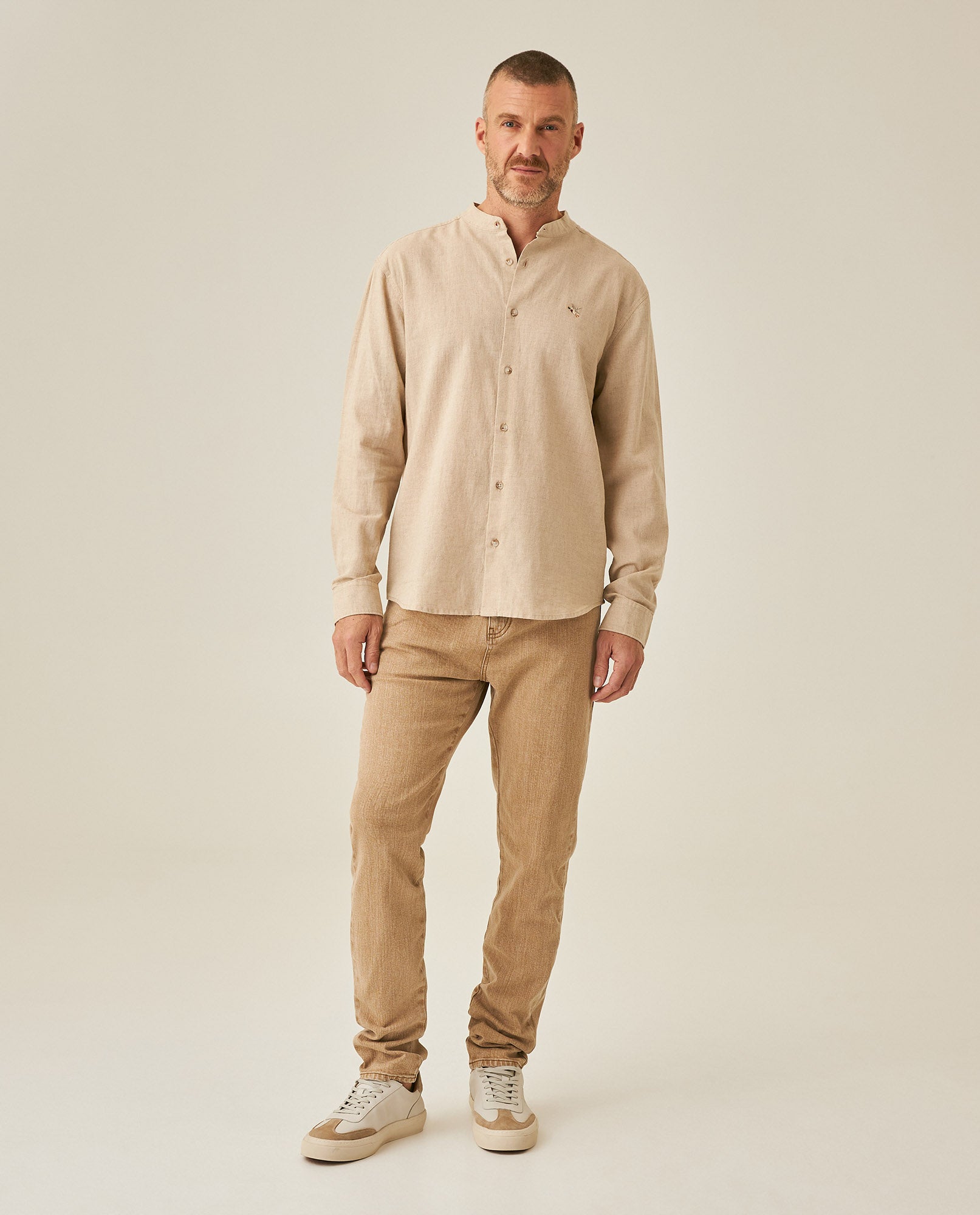 Mens Shirt Long Sleeve Mandarin Collar Regular Fit Linen Cotton Seed Effect Vibrant Duck - Beige 63_611H014_BEI140002_4