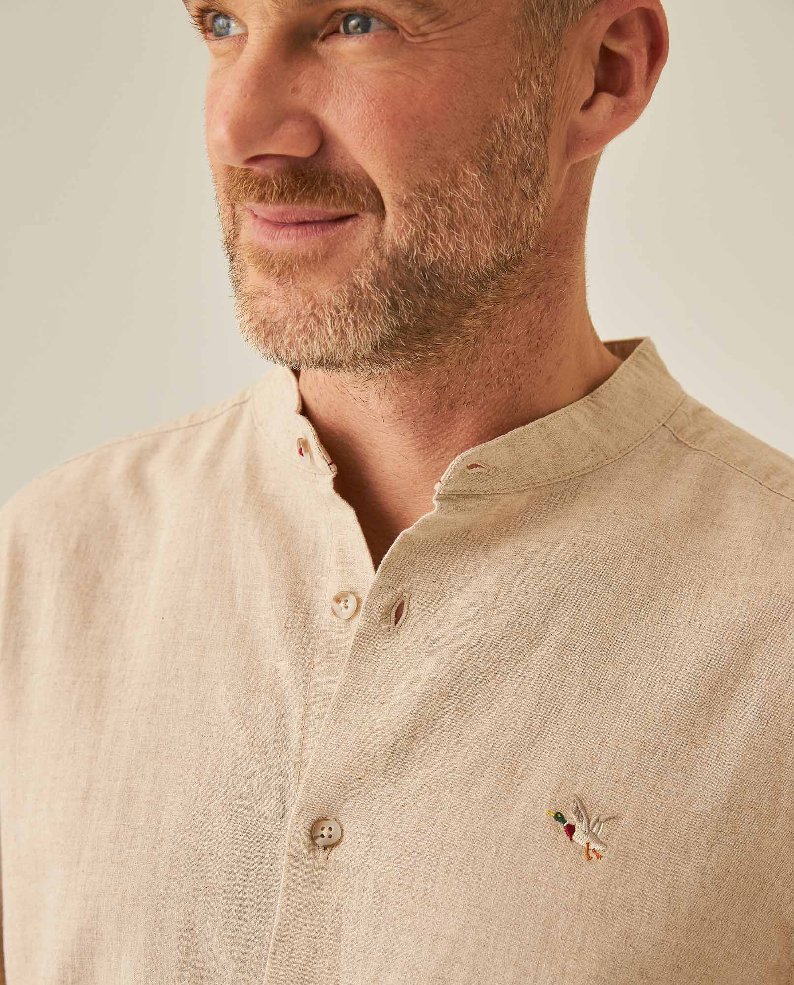 Mens Shirt Long Sleeve Mandarin Collar Regular Fit Linen Cotton Seed Effect Vibrant Duck - Beige 63_611H014_BEI140002_5