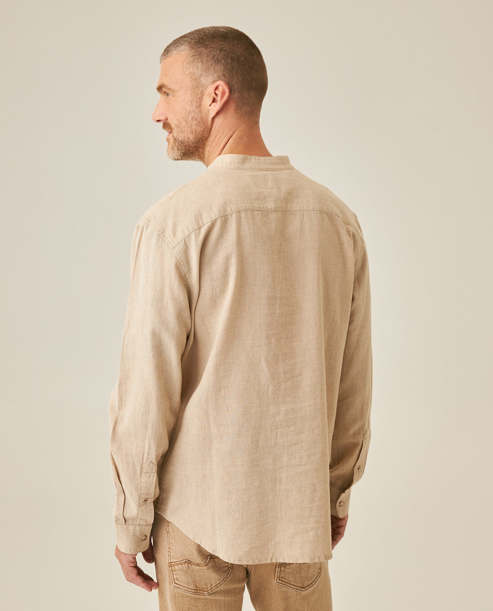 Mens Shirt Long Sleeve Mandarin Collar Regular Fit Linen Cotton Seed Effect Vibrant Duck - Beige 63_611H014_BEI140002_6