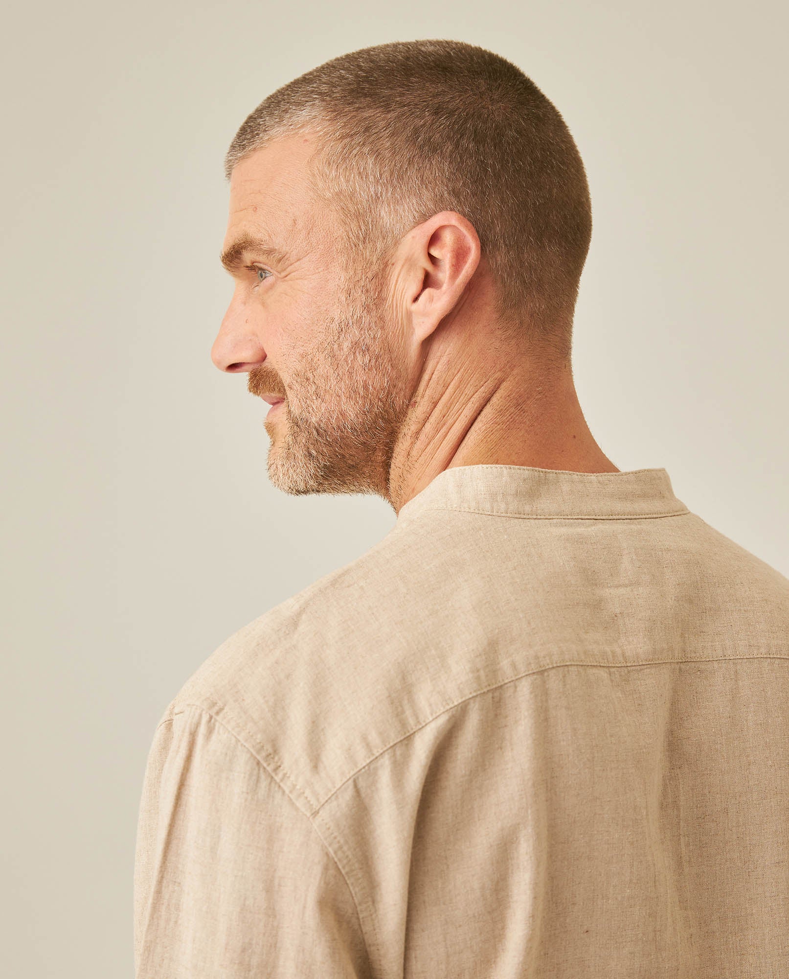 Mens Shirt Long Sleeve Mandarin Collar Regular Fit Linen Cotton Seed Effect Vibrant Duck - Beige 63_611H014_BEI140002_7