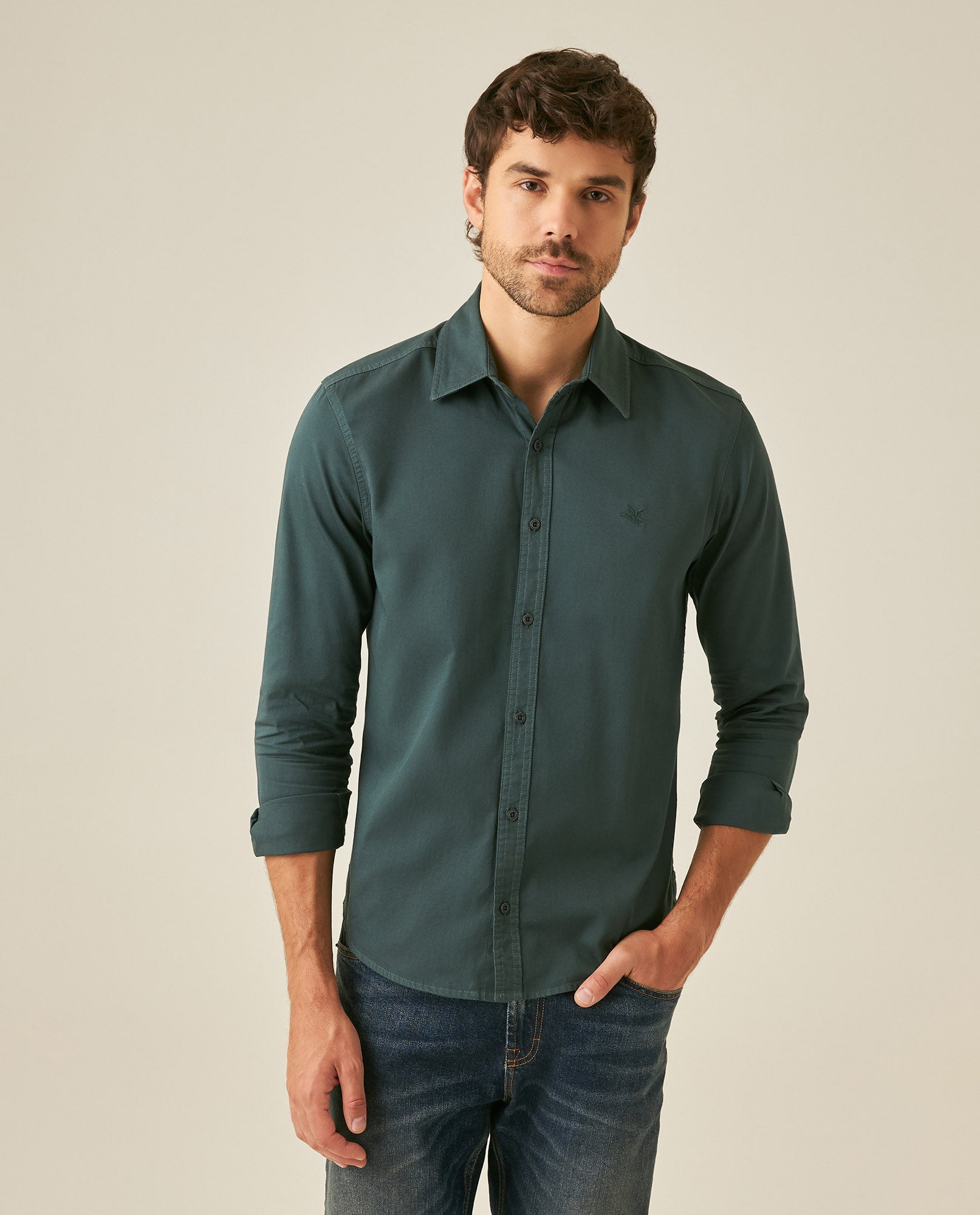 Mens Shirt Long Sleeve Slim Fit Cotton Twill Collar Stay Tone on Tone Duck Professional Structure - Green 63_611H022_VER195212_0