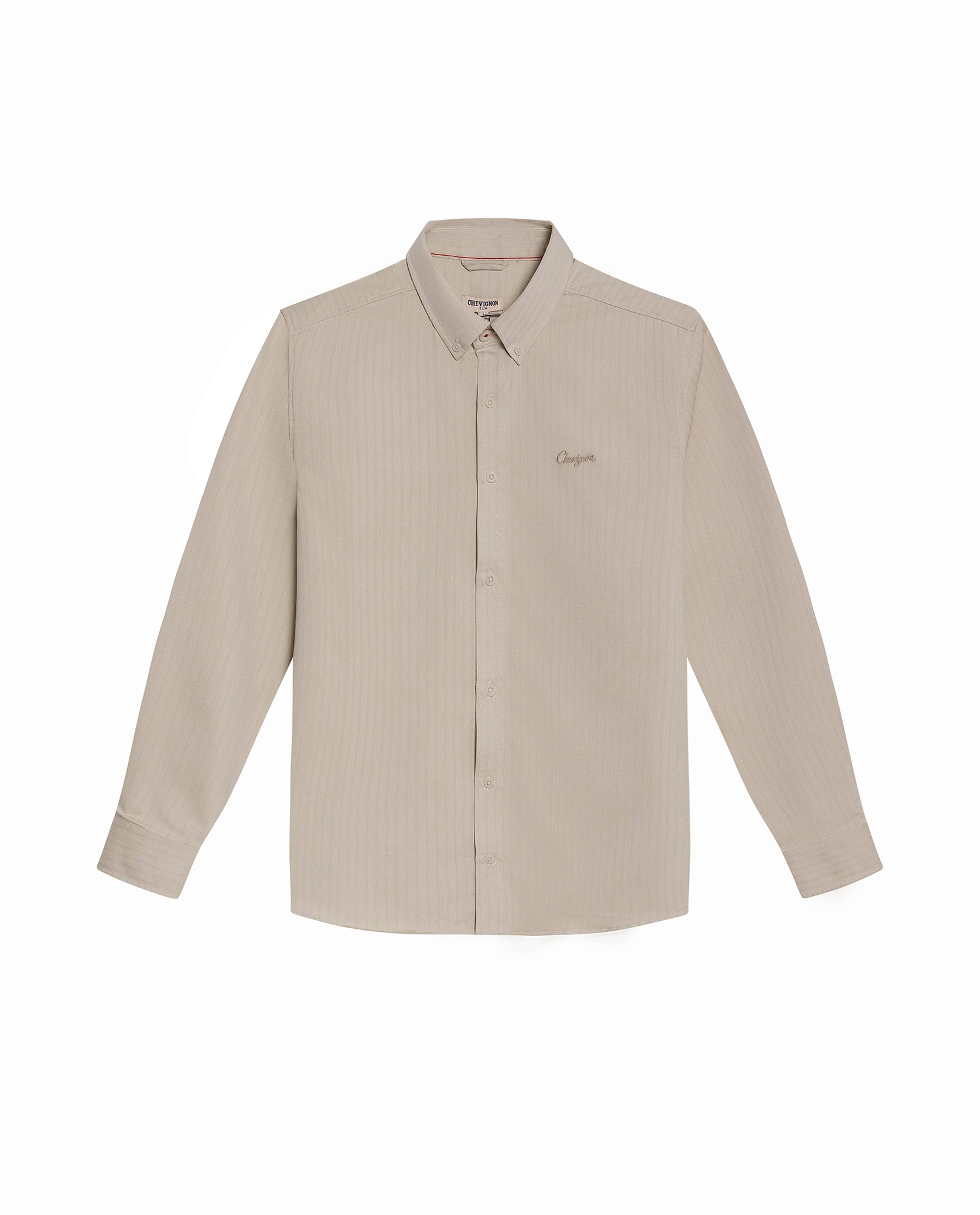 Mens Shirt Long Sleeve Slim Fit Button Down Polyester Lyocell Cotton Herringbone Premium Soft Hand - Beige 63_611H024_BEI124301_0