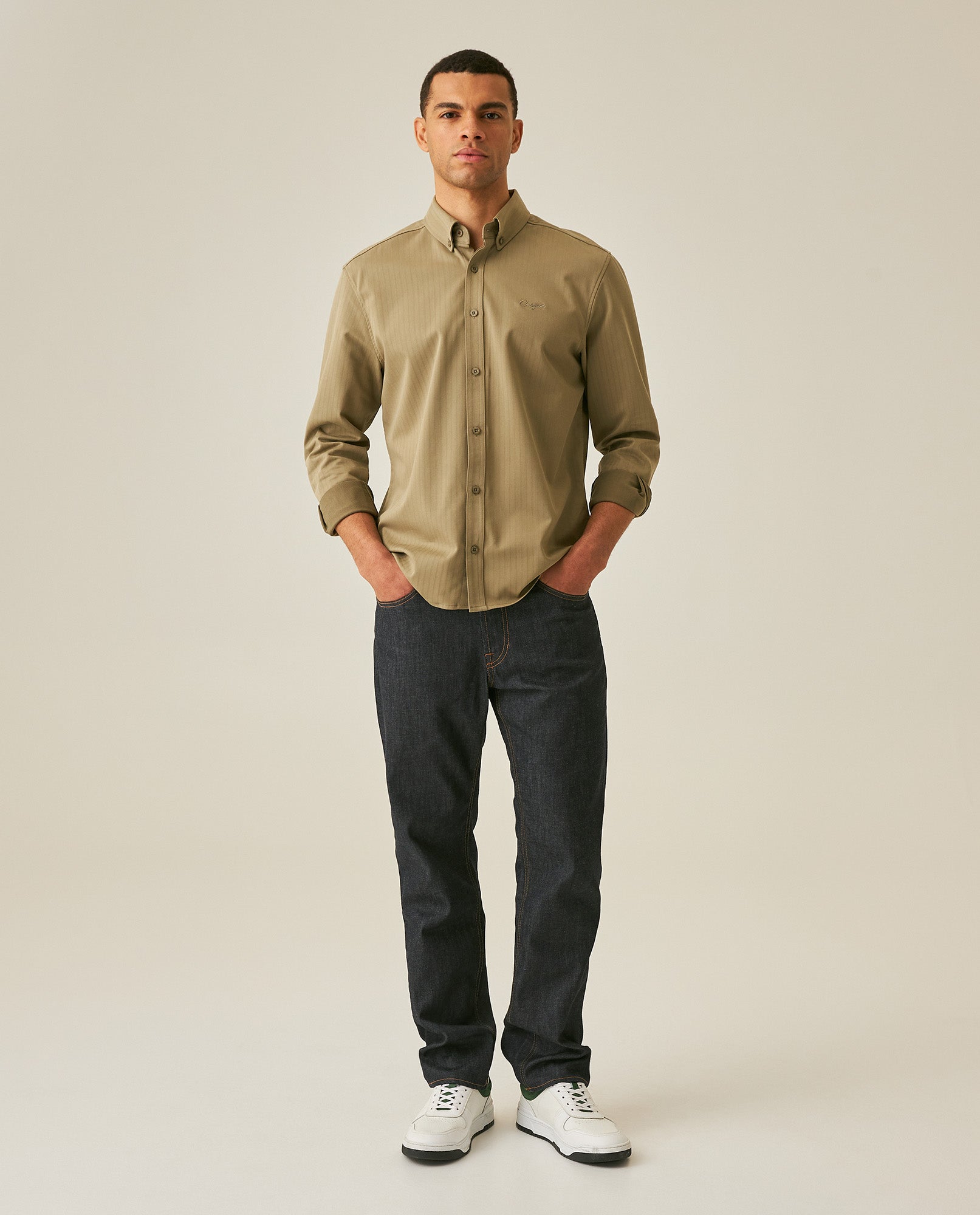 Mens Shirt Long Sleeve Slim Fit Button Down Polyester Lyocell Cotton Herringbone Premium Soft Hand - Green 63_611H024_VER170619_4
