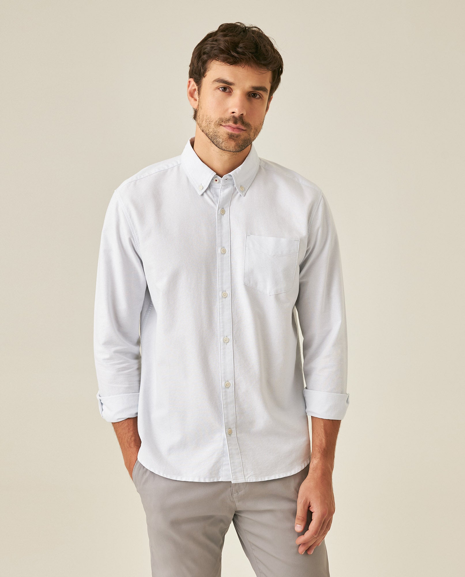 Mens Shirt Long Sleeve Regular Fit Button Down Oxford Cotton White Woven Classic Collegiate Spade Pocket - Blue 63_611H025_AZU134202_0