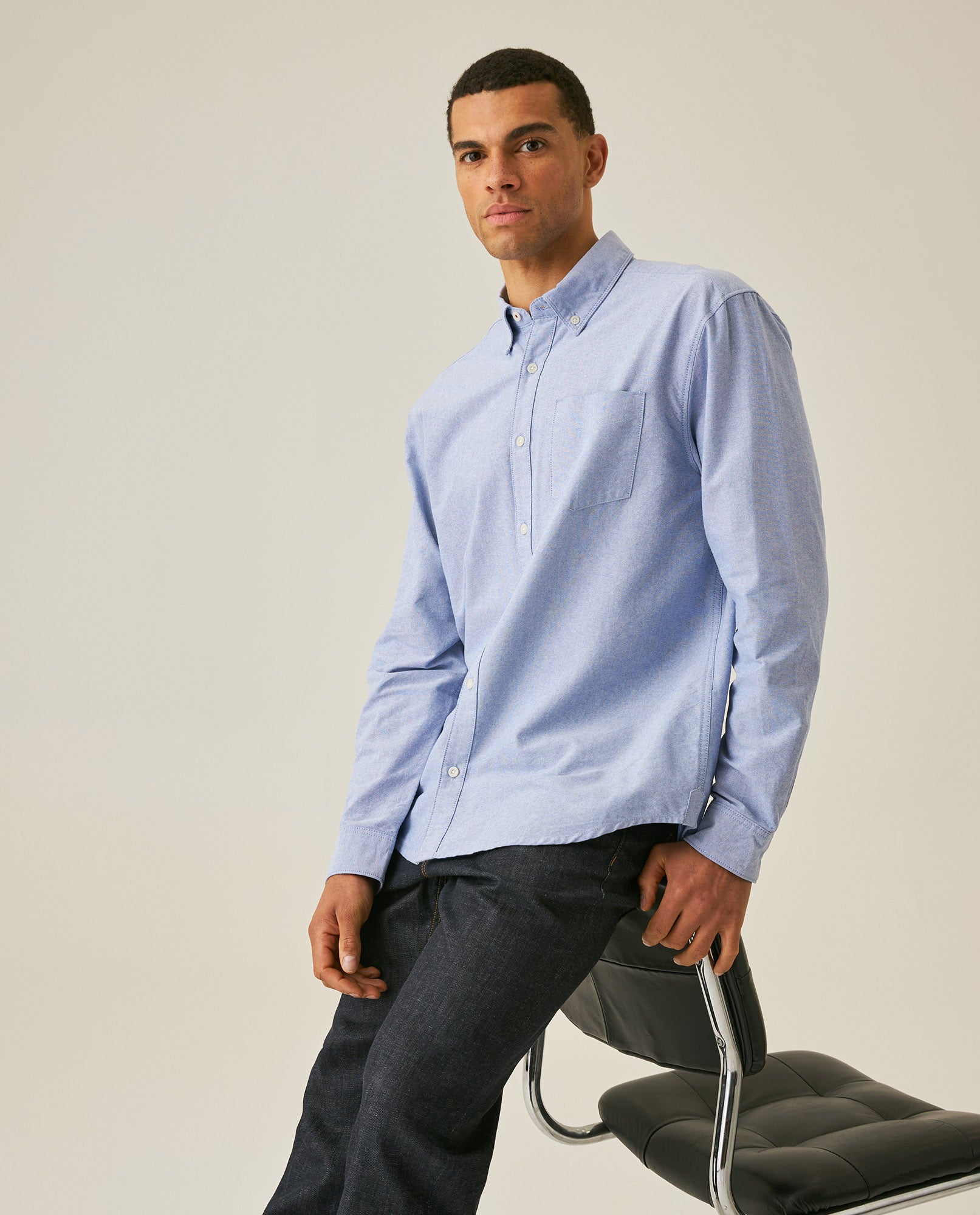 Mens Shirt Long Sleeve Regular Fit Button Down Oxford Cotton White Woven Classic Collegiate Spade Pocket - Blue 63_611H025_AZU194058_4