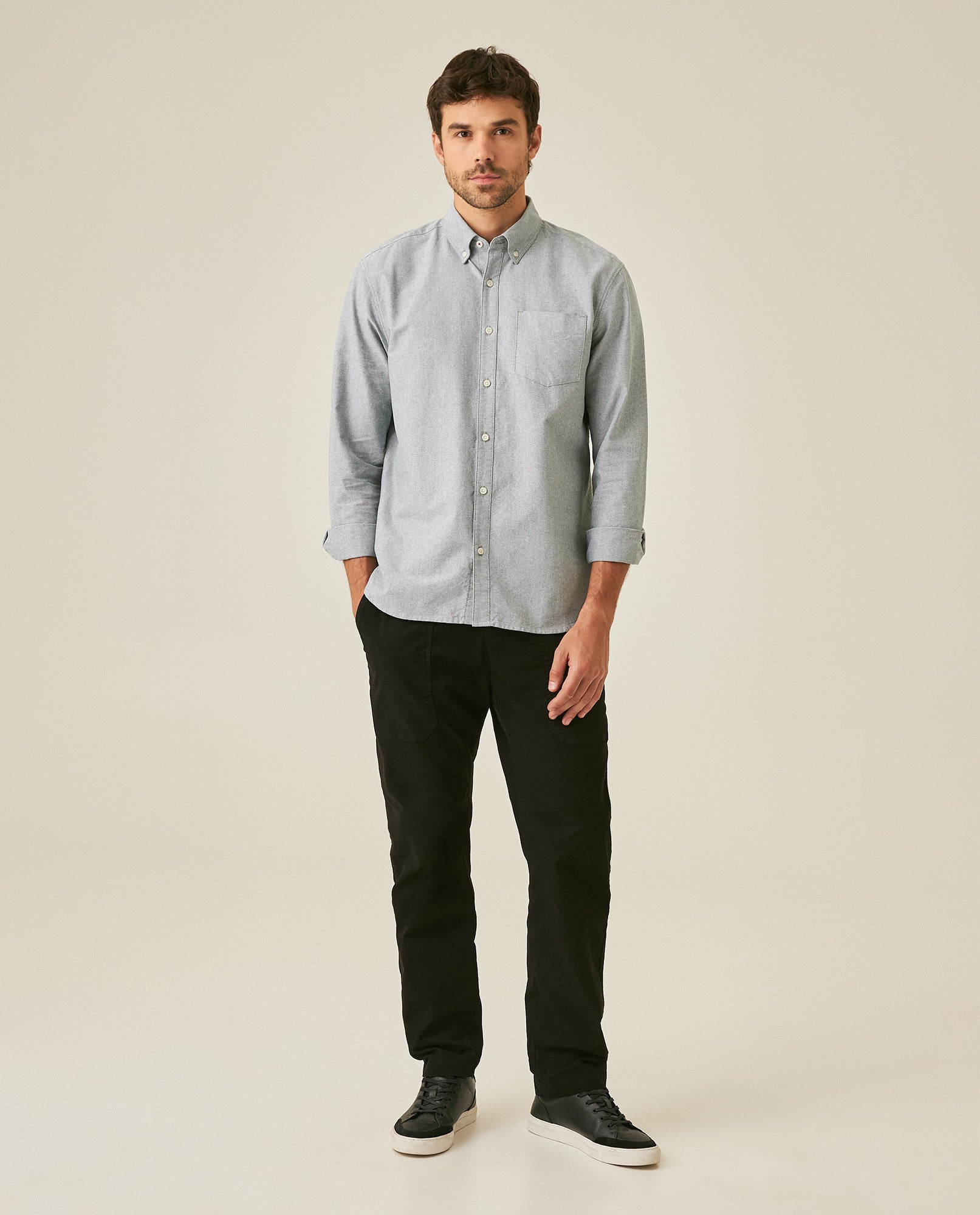 Mens Shirt Long Sleeve Regular Fit Button Down Oxford Cotton White Woven Classic Collegiate Spade Pocket - Dark Green 63_611H025_VER195406_4