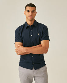 Mens Shirt Short Sleeve Slim Fit Oxford Cotton Vibrant Duck Raw Contrast Button Red Side Details - Blue 63_611H026_AZU193923_0