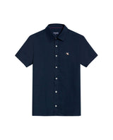 Mens Shirt Short Sleeve Slim Fit Oxford Cotton Vibrant Duck Raw Contrast Button Red Side Details - Blue 63_611H026_AZU193923_3