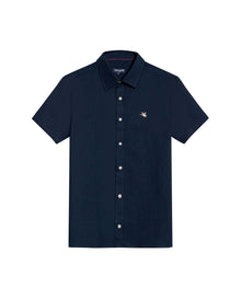 Mens Shirt Short Sleeve Slim Fit Oxford Cotton Vibrant Duck Raw Contrast Button Red Side Details - Blue 63_611H026_AZU193923_3