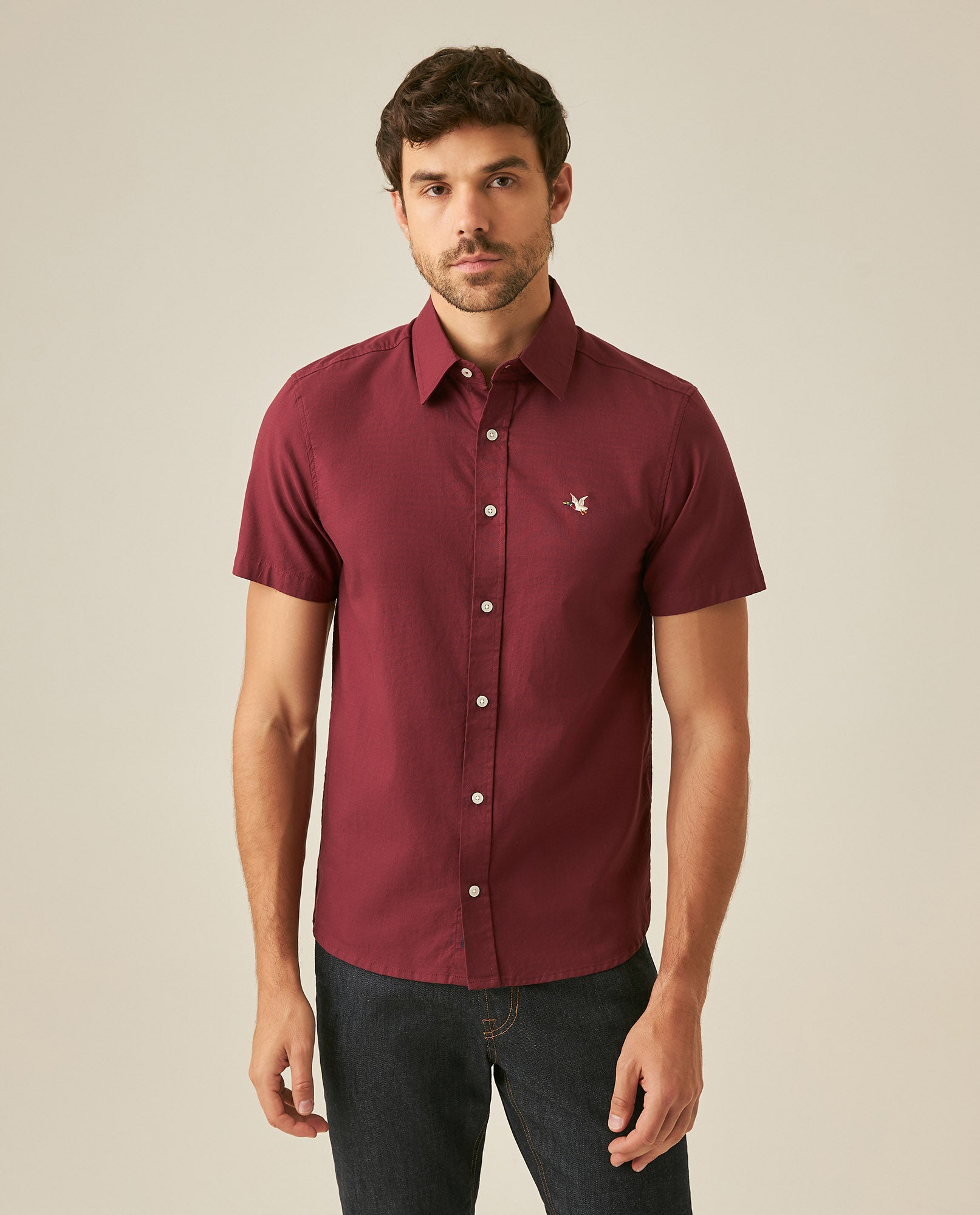 Mens Shirt Short Sleeve Slim Fit Oxford Cotton Vibrant Duck Raw Contrast Button Red Side Details - Red 63_611H026_ROJ191522_0