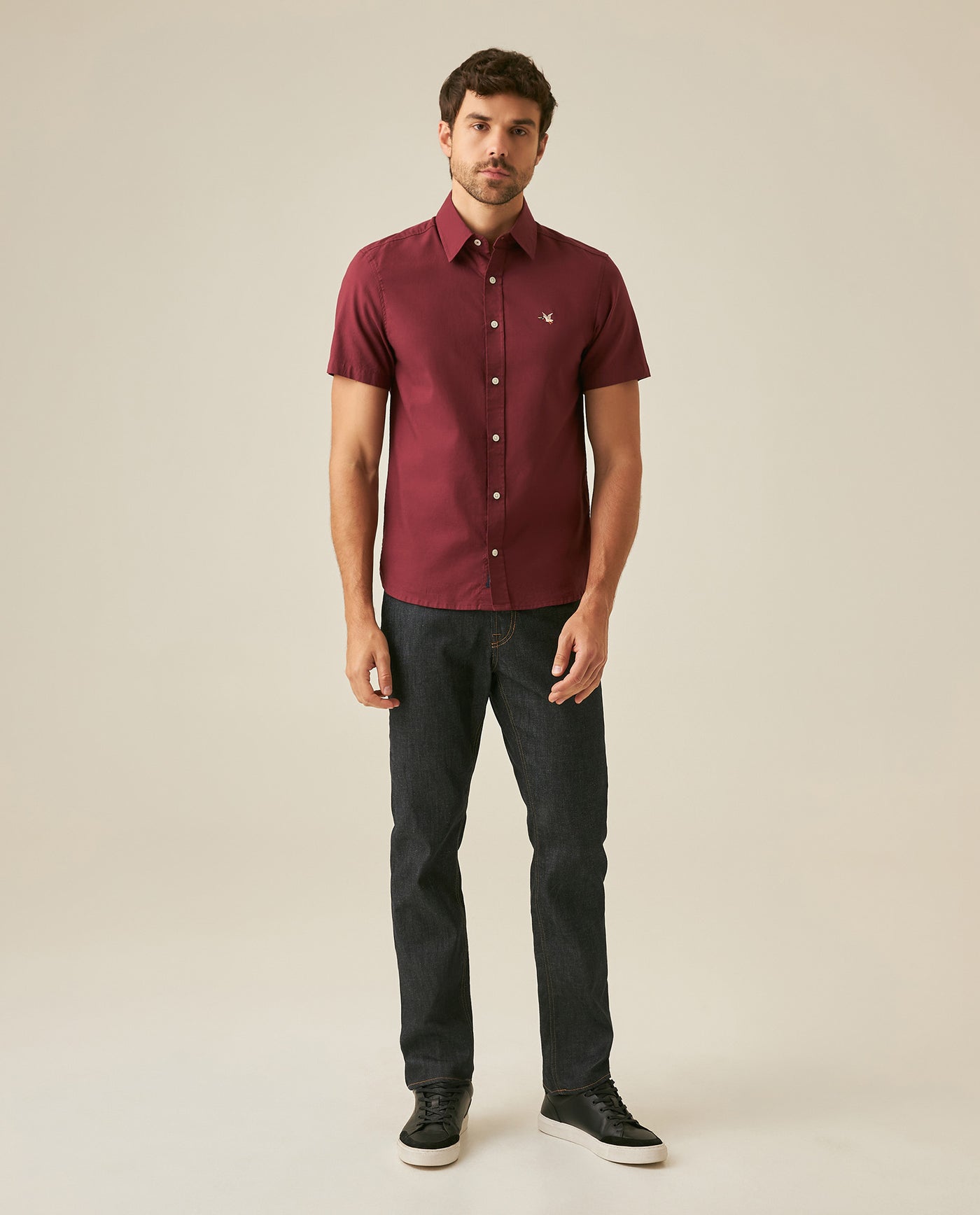 Mens Shirt Short Sleeve Slim Fit Oxford Cotton Vibrant Duck Raw Contrast Button Red Side Details - Red 63_611H026_ROJ191522_4