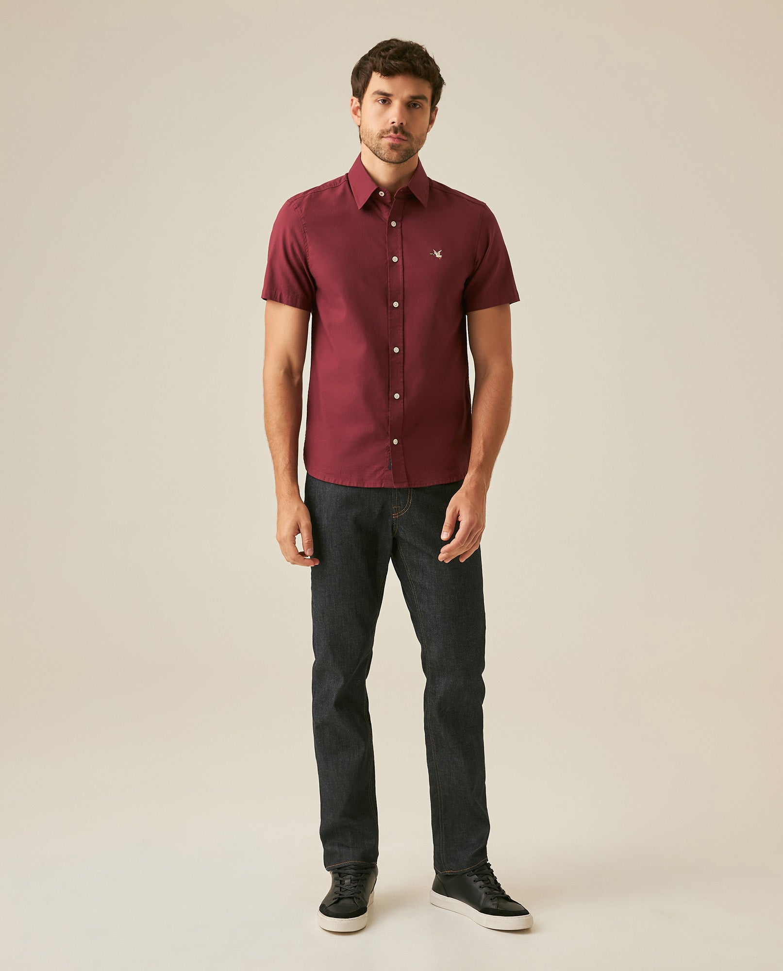Mens Shirt Short Sleeve Slim Fit Oxford Cotton Vibrant Duck Raw Contrast Button Red Side Details - Red 63_611H026_ROJ191522_4