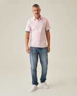 Mens Shirt Short Sleeve Slim Fit Oxford Cotton Vibrant Duck Raw Contrast Button Red Side Details - Pink 63_611H026_ROS122904_4