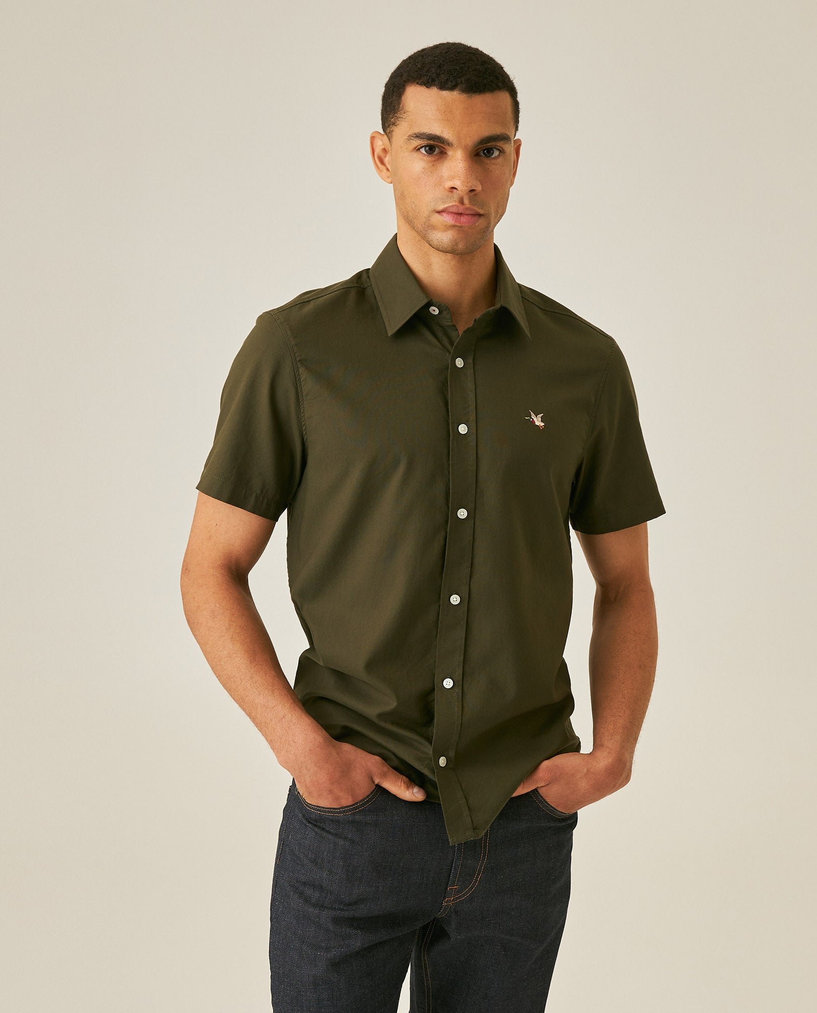 Mens Shirt Short Sleeve Slim Fit Oxford Cotton Vibrant Duck Raw Contrast Button Red Side Details - Green 63_611H026_VER190414_0