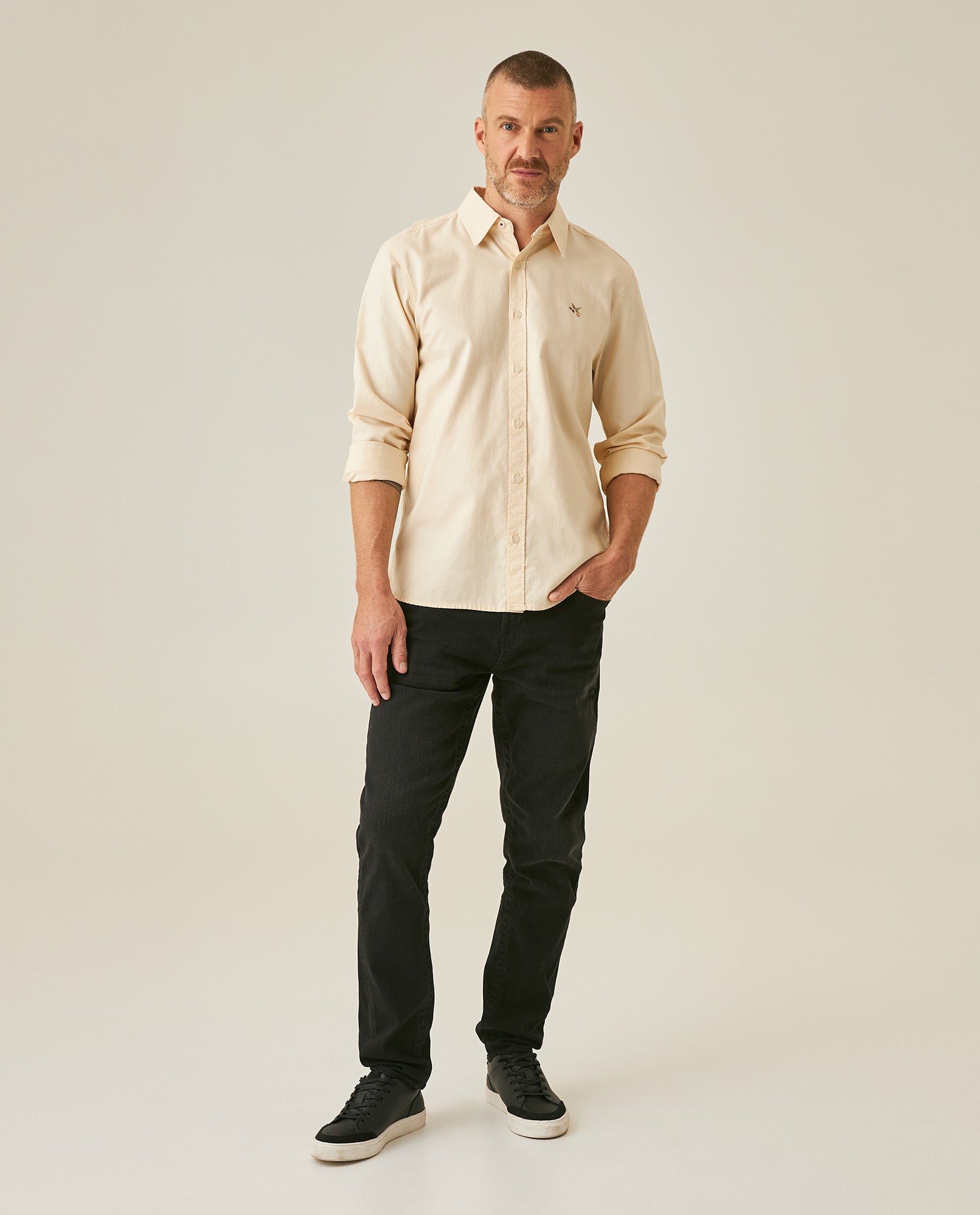 Mens Shirt Long Sleeve Slim Fit Oxford Cotton Vibrant Duck Raw Contrast Buttons Side Details Woven Label - Yellow 63_611H027_AMA120709_4