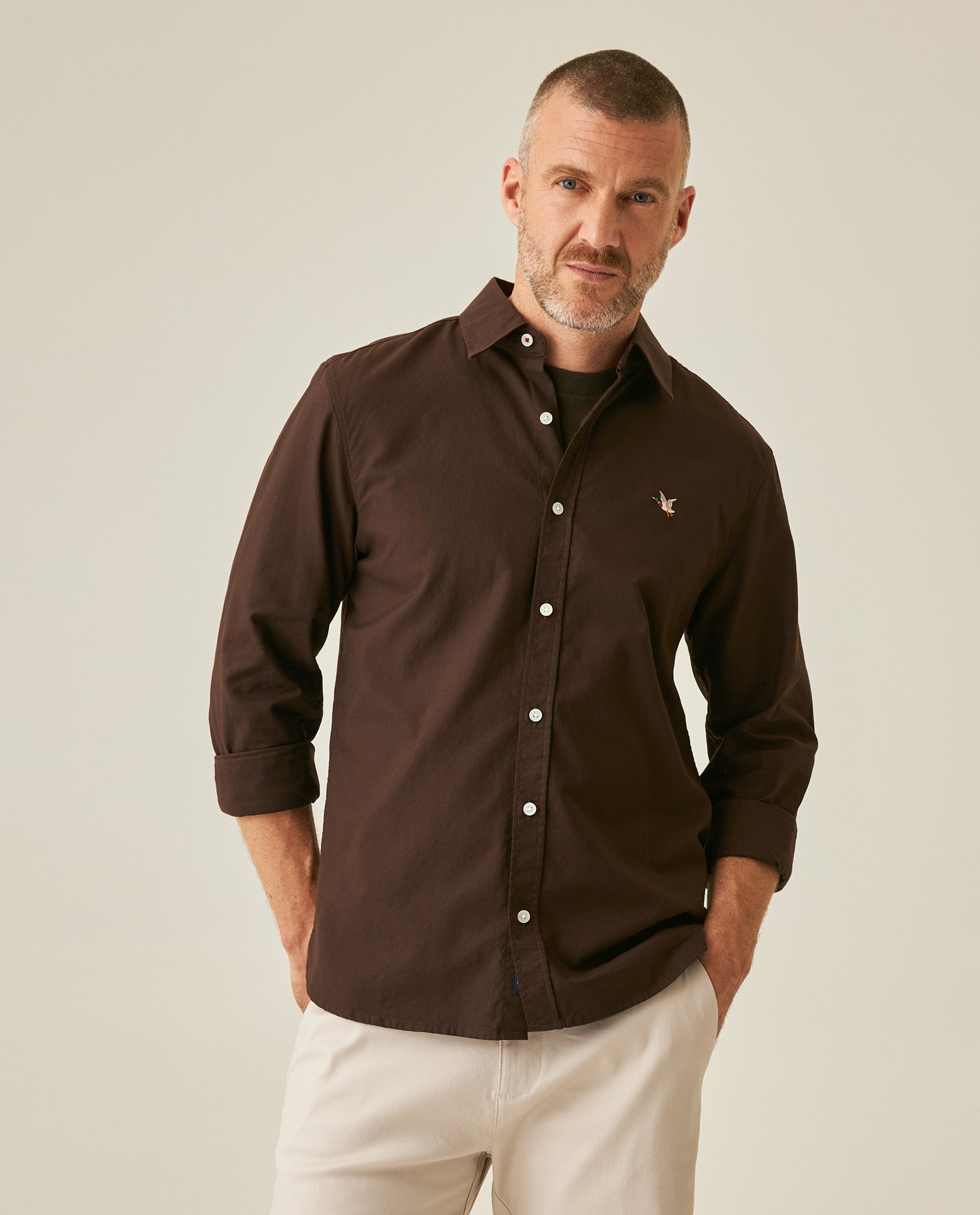 Mens Shirt Long Sleeve Slim Fit Oxford Cotton Vibrant Duck Raw Contrast Buttons Side Details Woven Label - Brown 63_611H027_CAF191016_0
