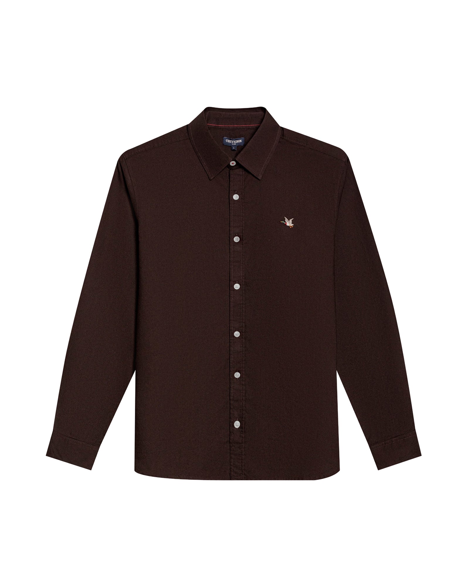 Mens Shirt Long Sleeve Slim Fit Oxford Cotton Vibrant Duck Raw Contrast Buttons Side Details Woven Label - Brown 63_611H027_CAF191016_3
