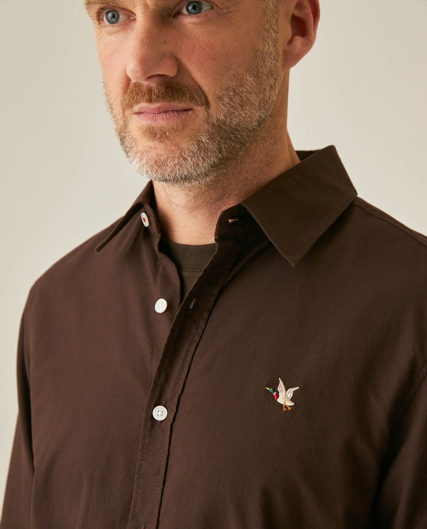 Mens Shirt Long Sleeve Slim Fit Oxford Cotton Vibrant Duck Raw Contrast Buttons Side Details Woven Label - Brown 63_611H027_CAF191016_5