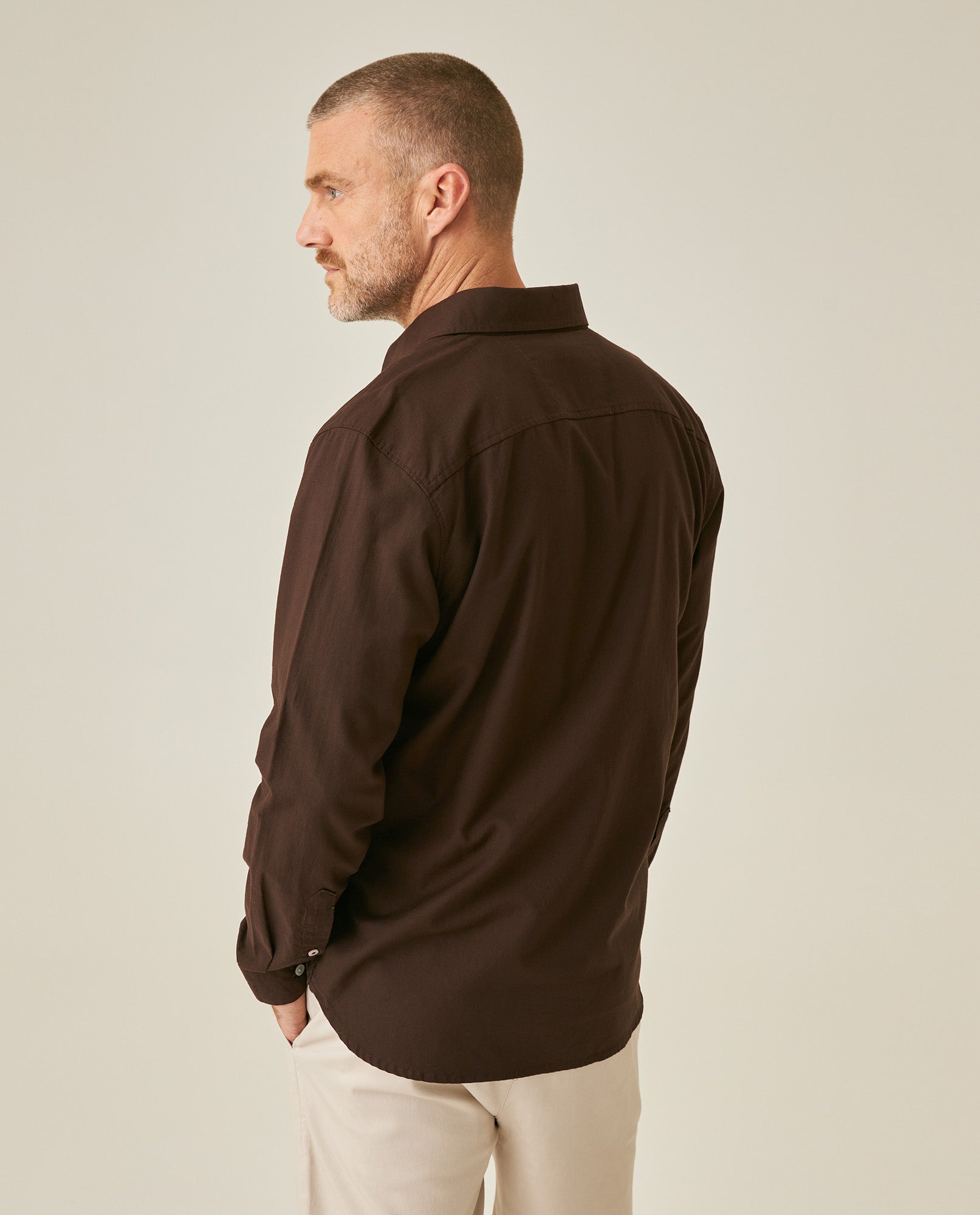 Mens Shirt Long Sleeve Slim Fit Oxford Cotton Vibrant Duck Raw Contrast Buttons Side Details Woven Label - Brown 63_611H027_CAF191016_6