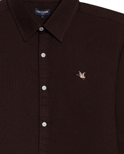 Mens Shirt Long Sleeve Slim Fit Oxford Cotton Vibrant Duck Raw Contrast Buttons Side Details Woven Label - Brown 63_611H027_CAF191016_8