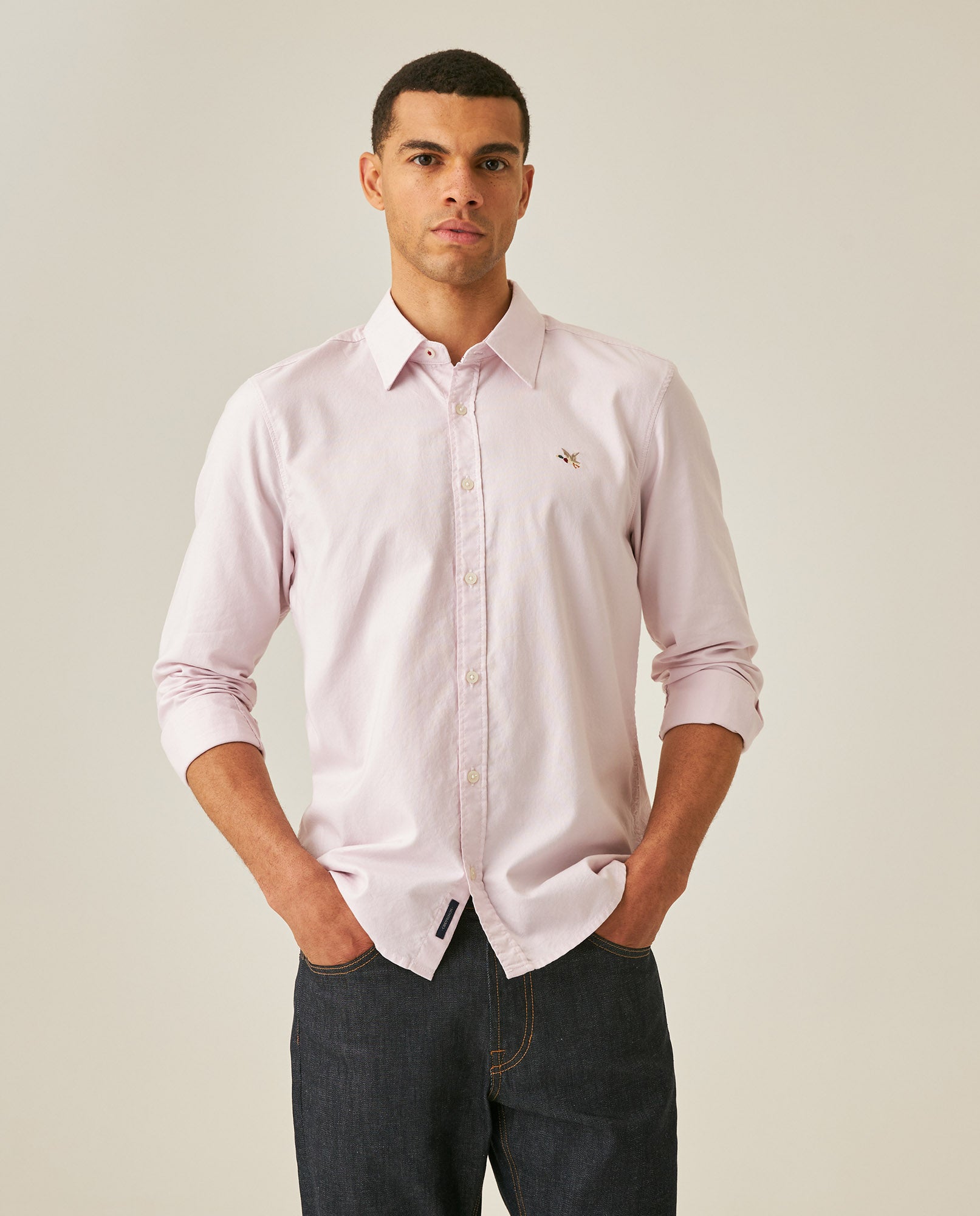 Mens Shirt Long Sleeve Slim Fit Oxford Cotton Vibrant Duck Raw Contrast Buttons Side Details Woven Label - Purple 63_611H027_MOR133805_0