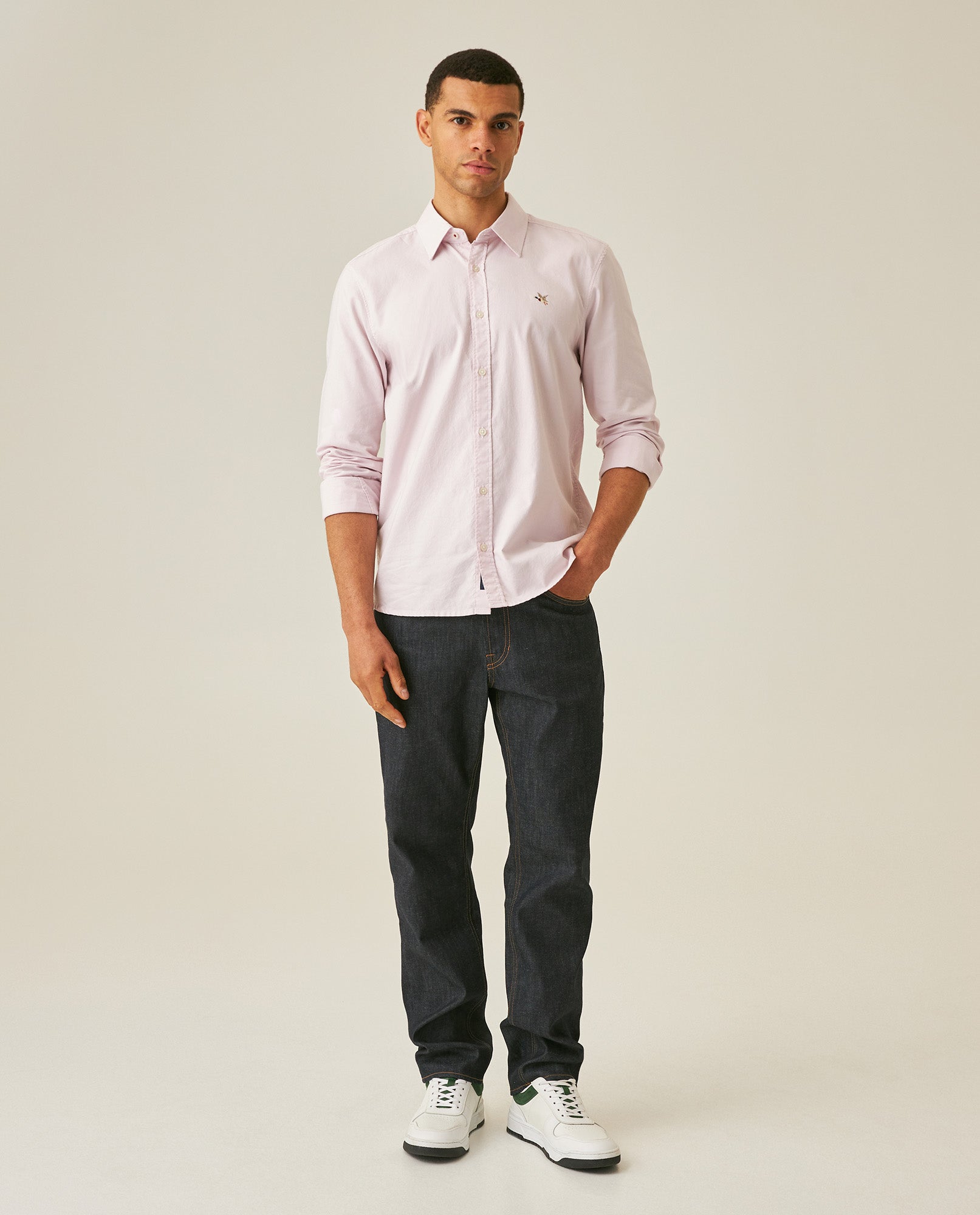 Mens Shirt Long Sleeve Slim Fit Oxford Cotton Vibrant Duck Raw Contrast Buttons Side Details Woven Label - Purple 63_611H027_MOR133805_4