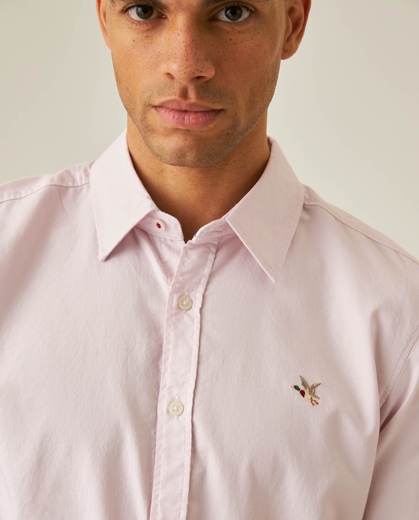 Mens Shirt Long Sleeve Slim Fit Oxford Cotton Vibrant Duck Raw Contrast Buttons Side Details Woven Label - Purple 63_611H027_MOR133805_5
