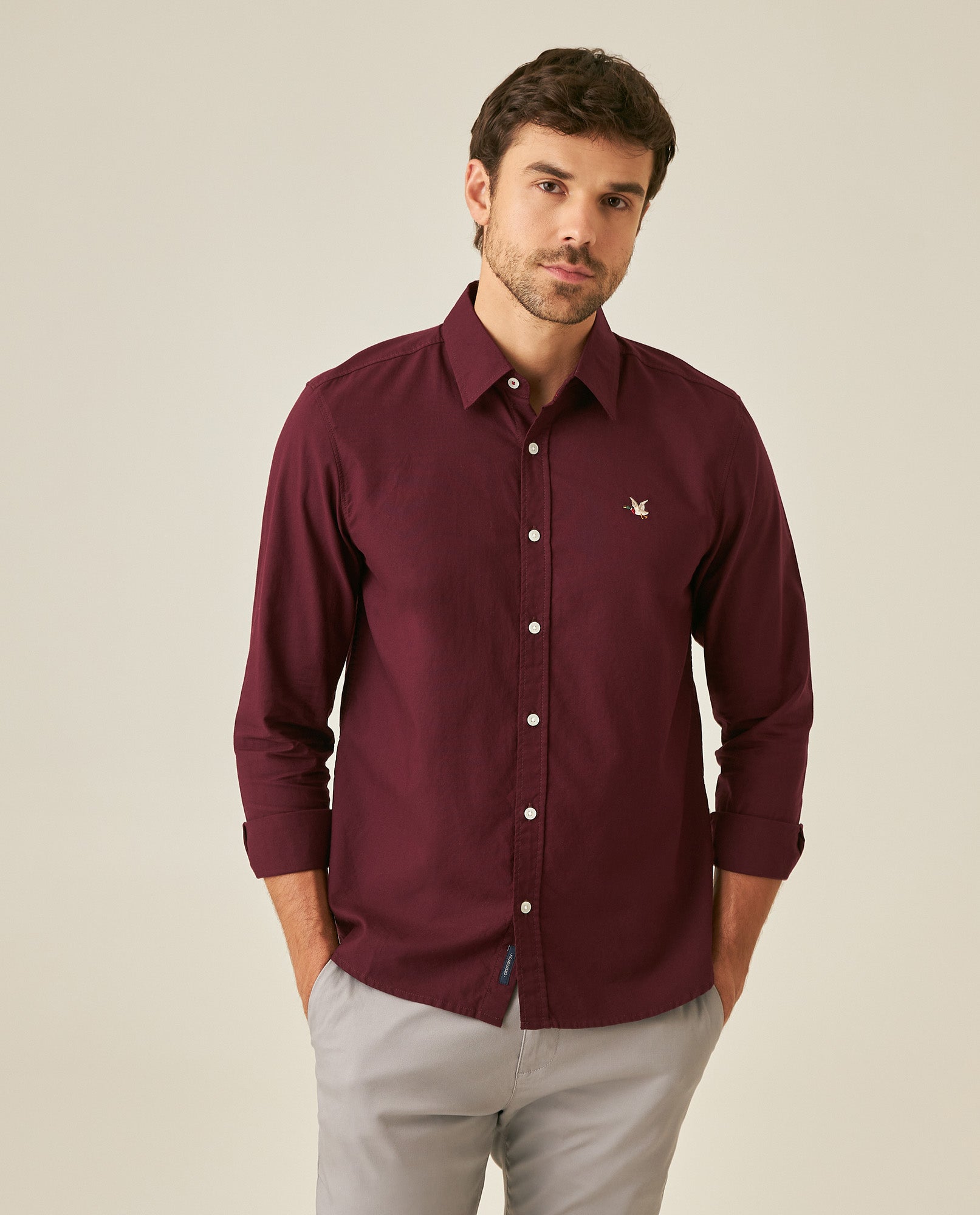 Mens Shirt Long Sleeve Slim Fit Oxford Cotton Vibrant Duck Raw Contrast Buttons Side Details Woven Label - Purple 63_611H027_MOR192118_0