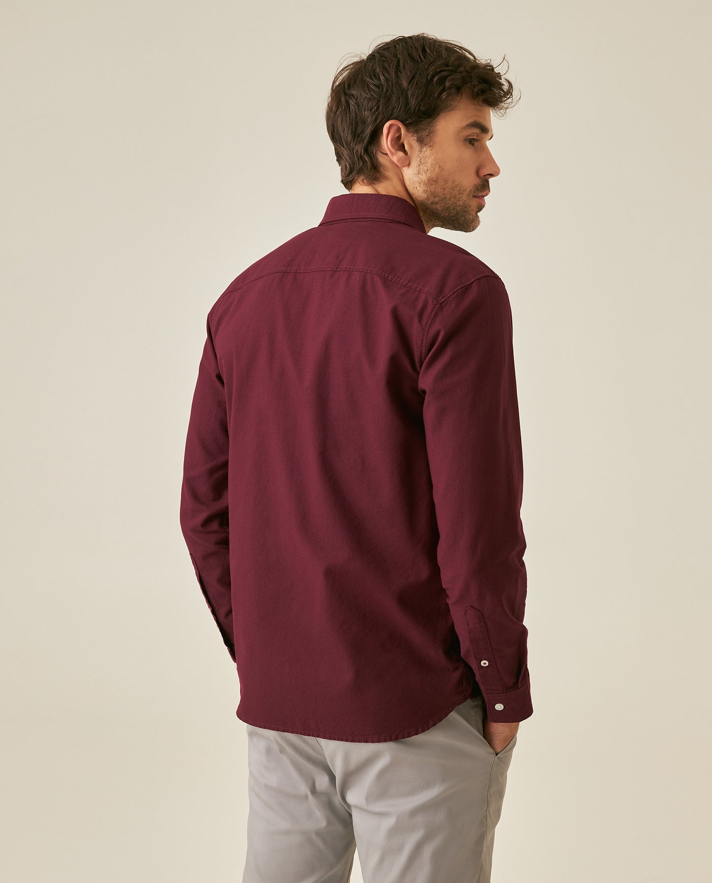 Mens Shirt Long Sleeve Slim Fit Oxford Cotton Vibrant Duck Raw Contrast Buttons Side Details Woven Label - Purple 63_611H027_MOR192118_6