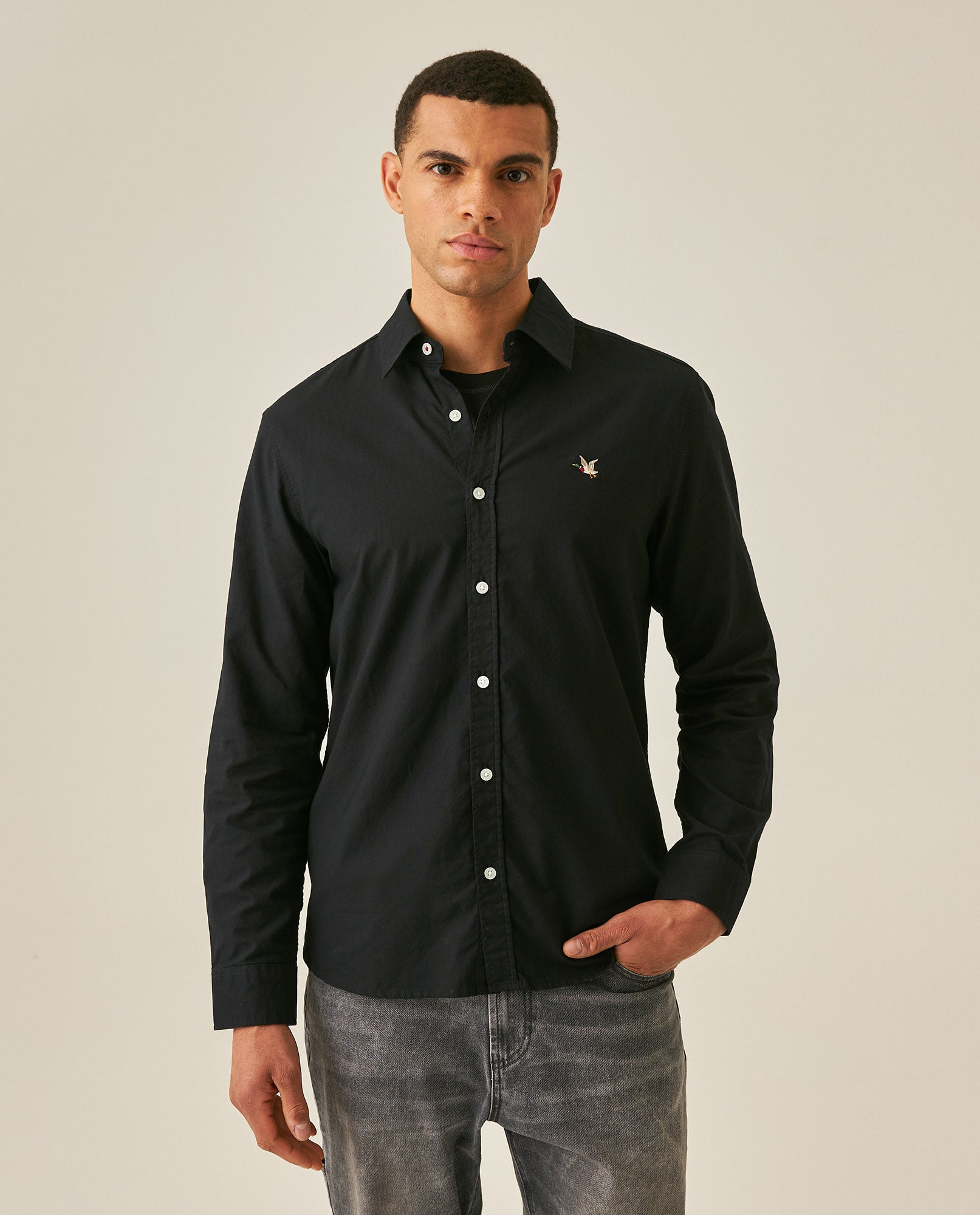 Mens Shirt Long Sleeve Slim Fit Oxford Cotton Vibrant Duck Raw Contrast Buttons Side Details Woven Label - Black 63_611H027_NEG194007_0