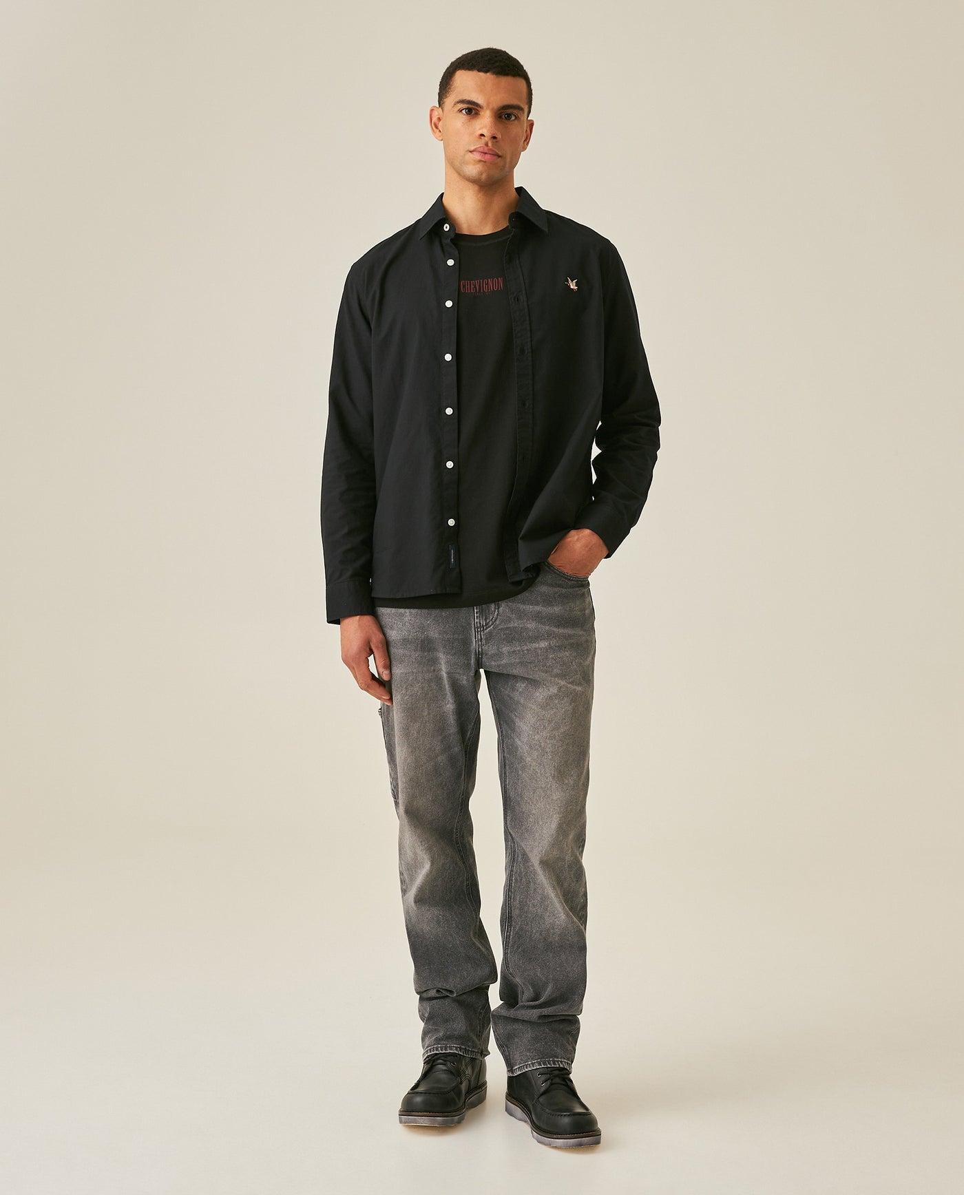 Mens Shirt Long Sleeve Slim Fit Oxford Cotton Vibrant Duck Raw Contrast Buttons Side Details Woven Label - Black 63_611H027_NEG194007_4