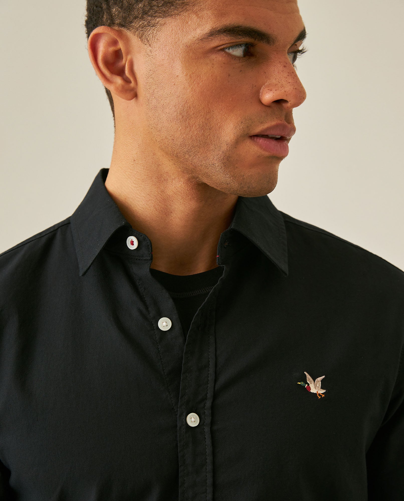 Mens Shirt Long Sleeve Slim Fit Oxford Cotton Vibrant Duck Raw Contrast Buttons Side Details Woven Label - Black 63_611H027_NEG194007_5