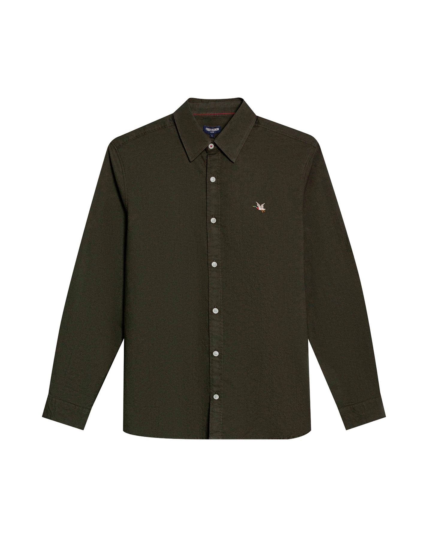 Mens Shirt Long Sleeve Slim Fit Oxford Cotton Vibrant Duck Raw Contrast Buttons Side Details Woven Label - Green 63_611H027_VER190414_0