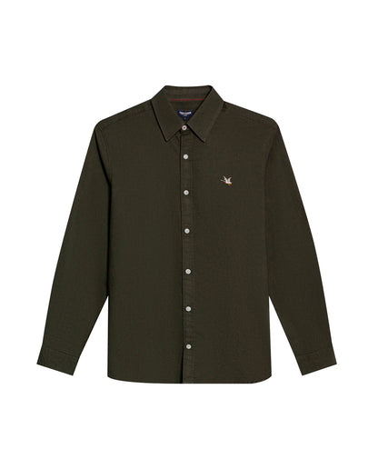 Mens Shirt Long Sleeve Slim Fit Oxford Cotton Vibrant Duck Raw Contrast Buttons Side Details Woven Label - Green 63_611H027_VER190414_0